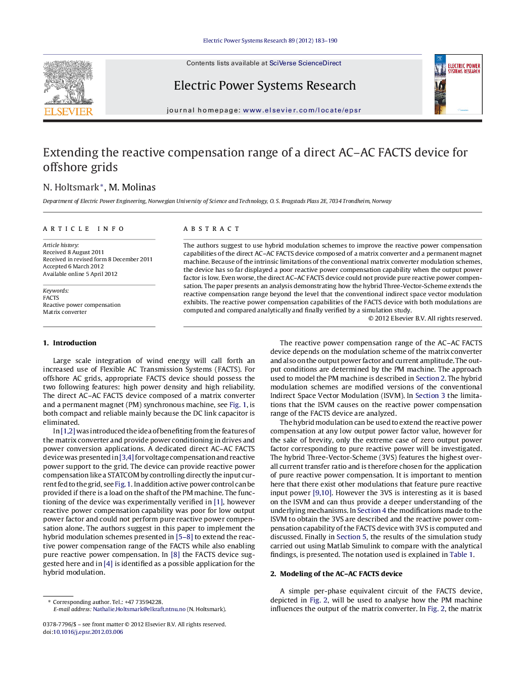 Extending the reactive compensation range of a direct AC–AC FACTS device for offshore grids