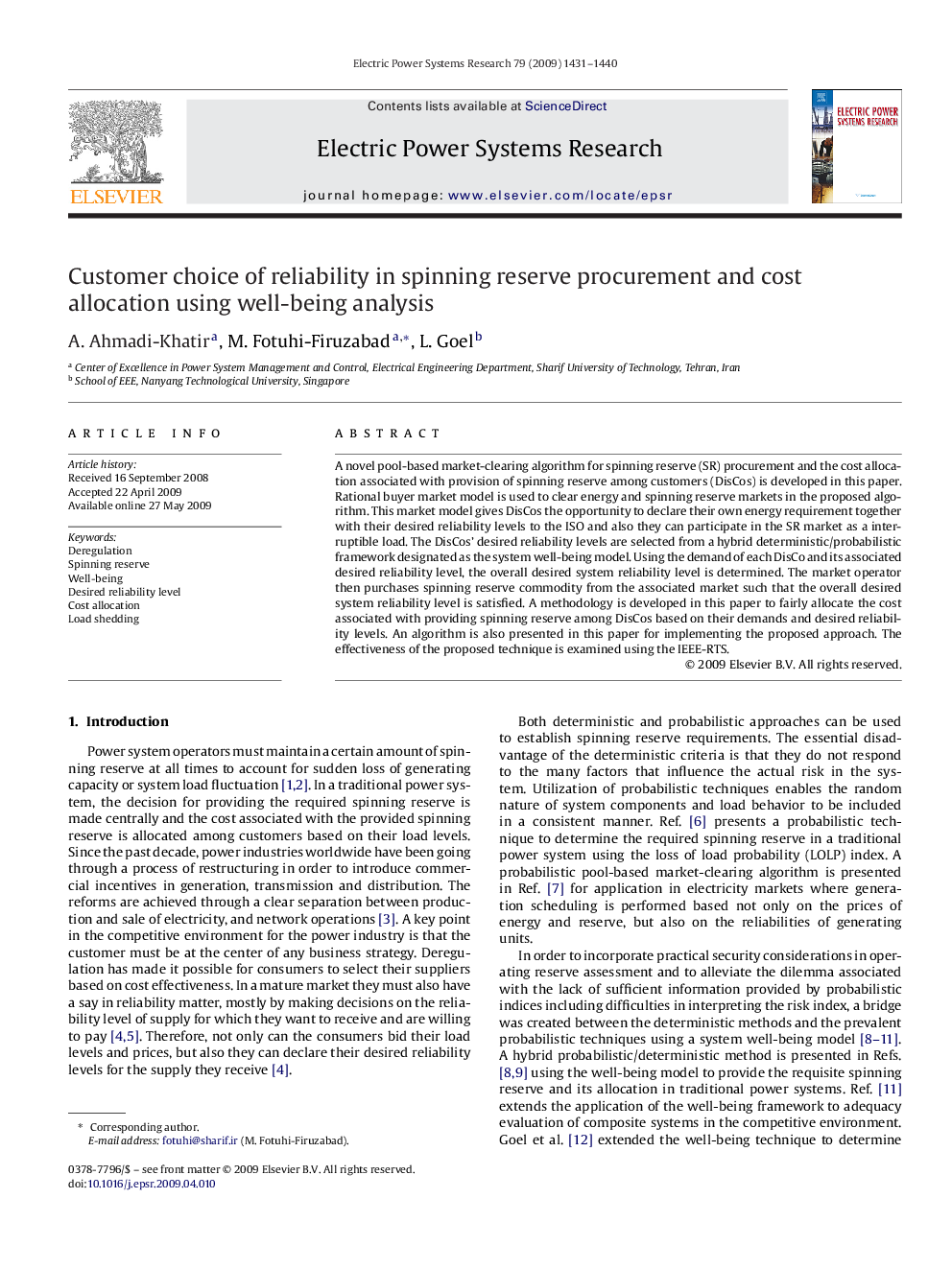 Customer choice of reliability in spinning reserve procurement and cost allocation using well-being analysis