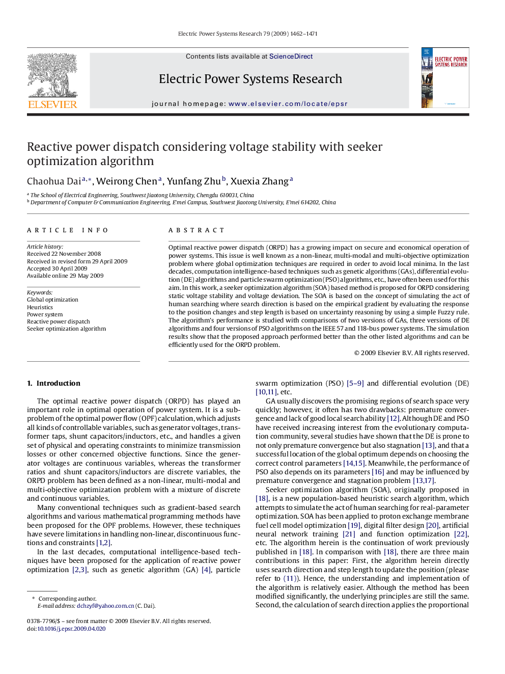 Reactive power dispatch considering voltage stability with seeker optimization algorithm