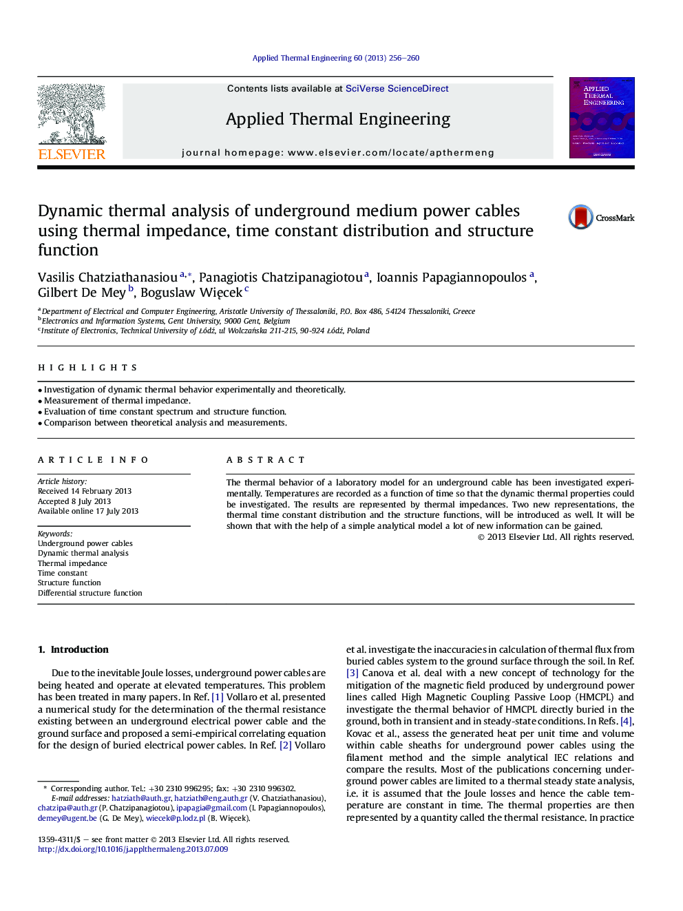 Dynamic thermal analysis of underground medium power cables using thermal impedance, time constant distribution and structure function