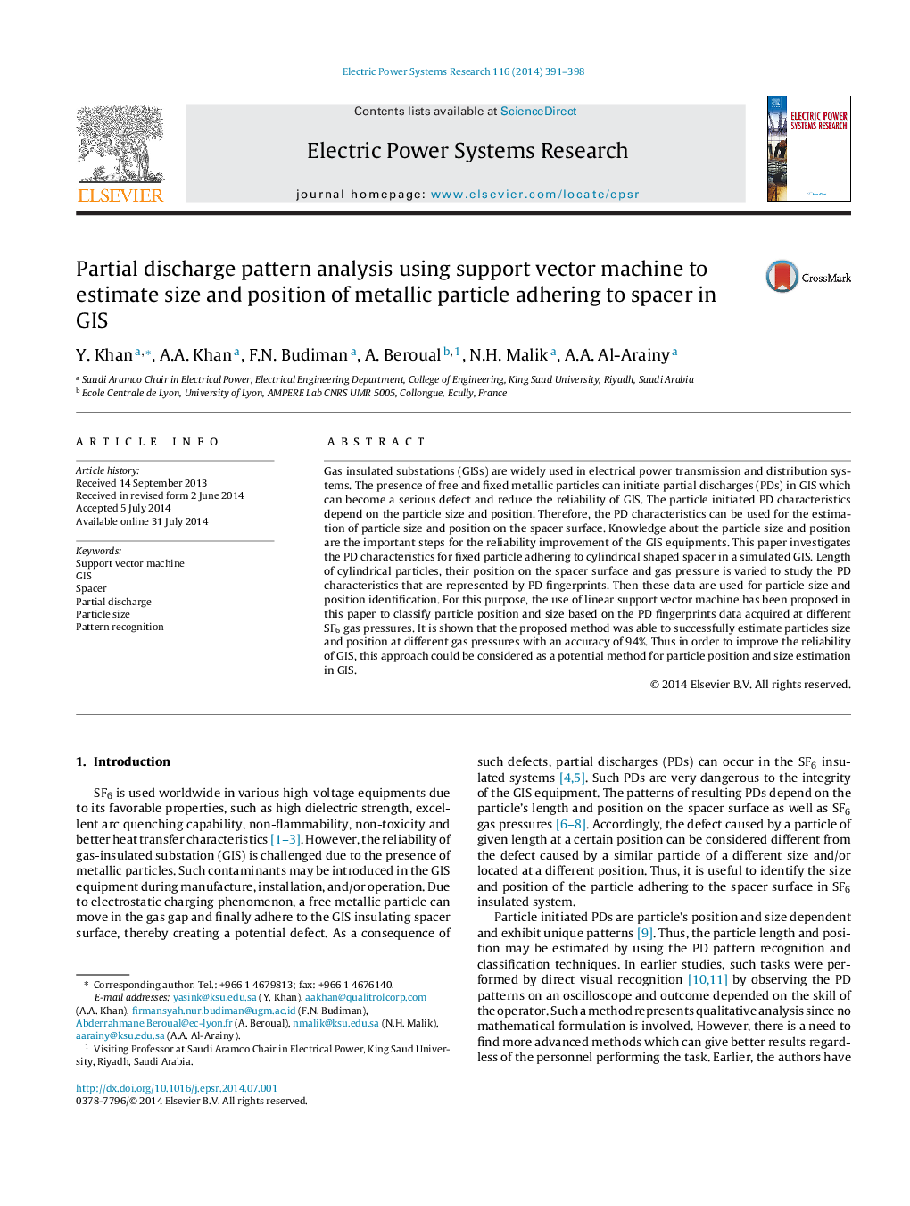 Partial discharge pattern analysis using support vector machine to estimate size and position of metallic particle adhering to spacer in GIS