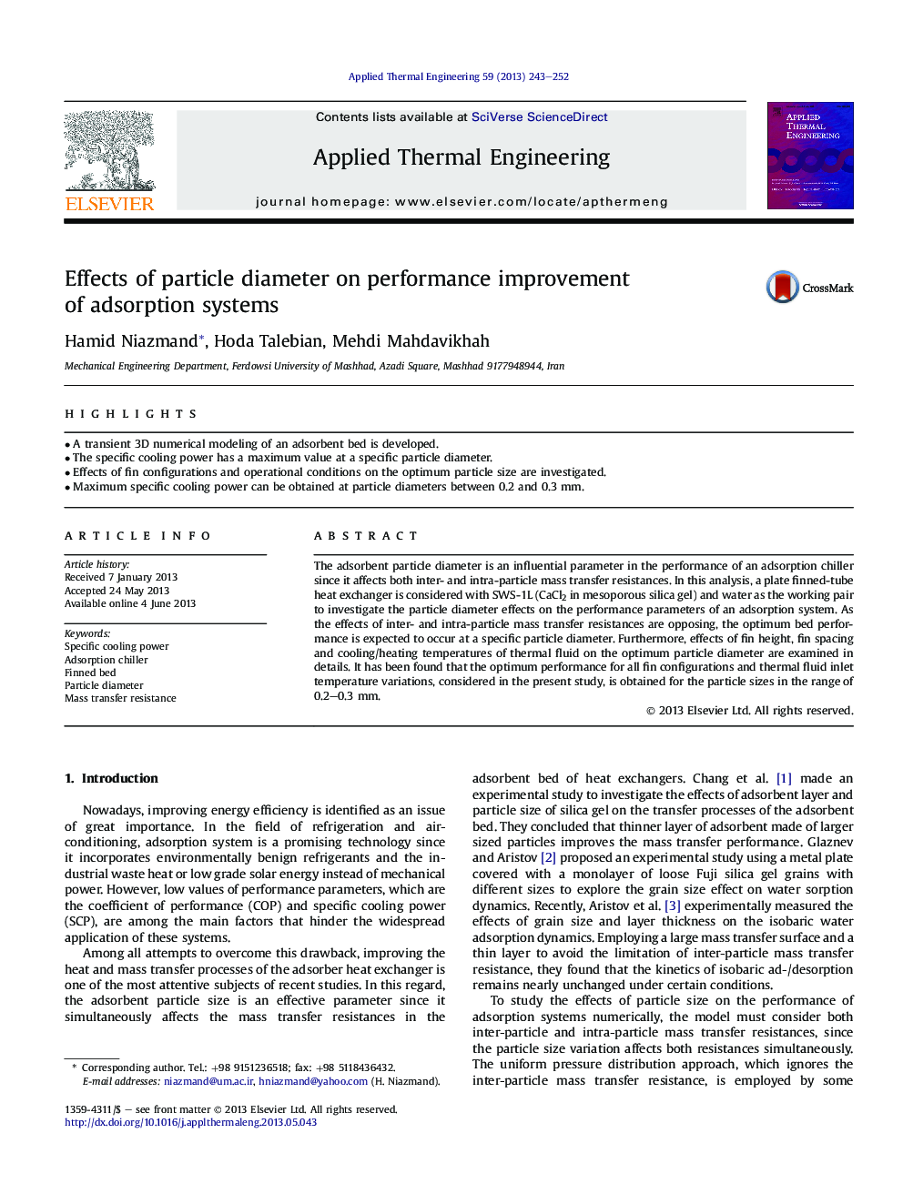 Effects of particle diameter on performance improvement ofÂ adsorption systems