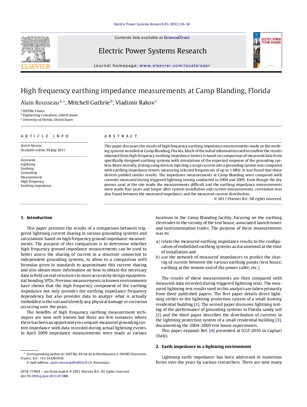 High frequency earthing impedance measurements at Camp Blanding, Florida