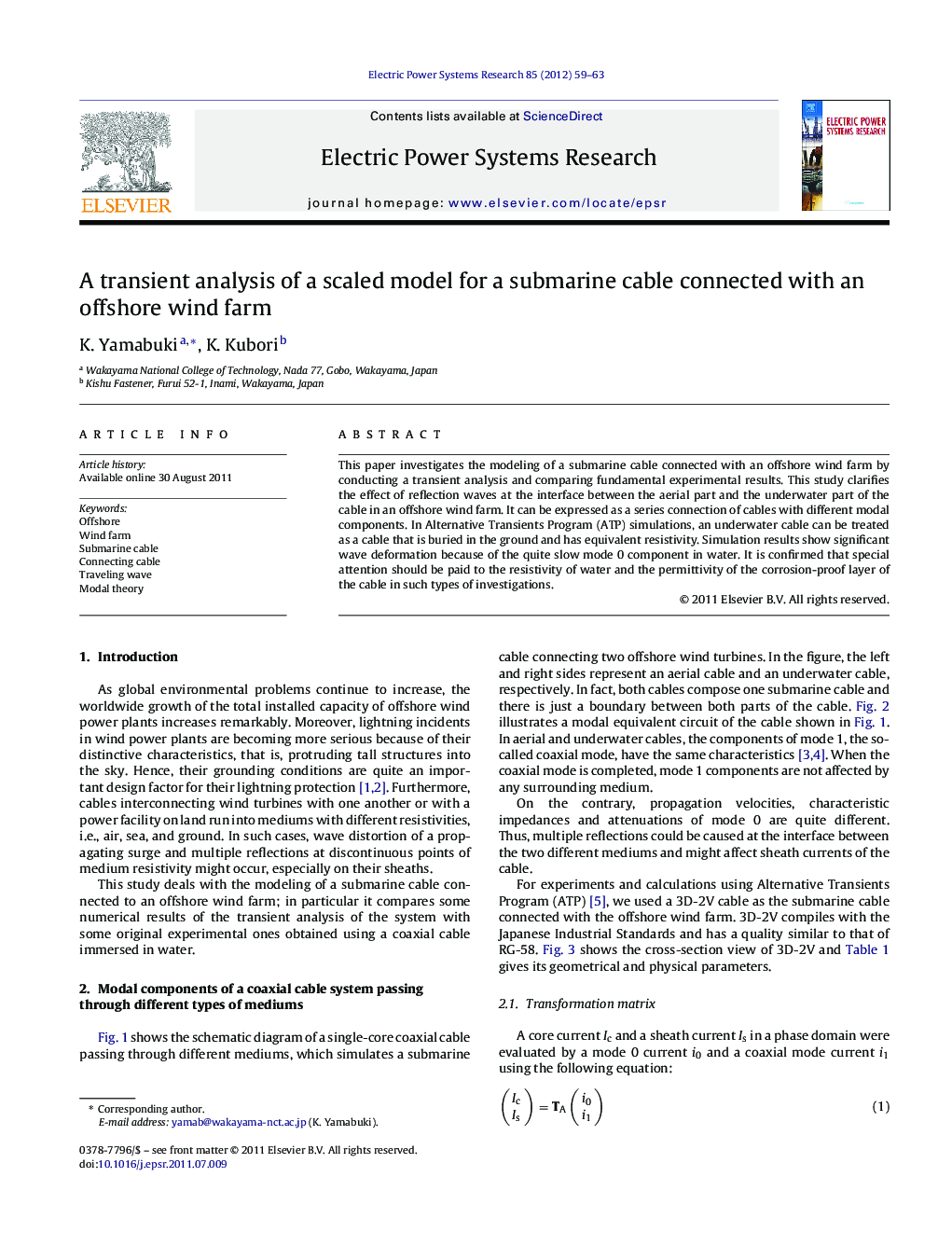 A transient analysis of a scaled model for a submarine cable connected with an offshore wind farm