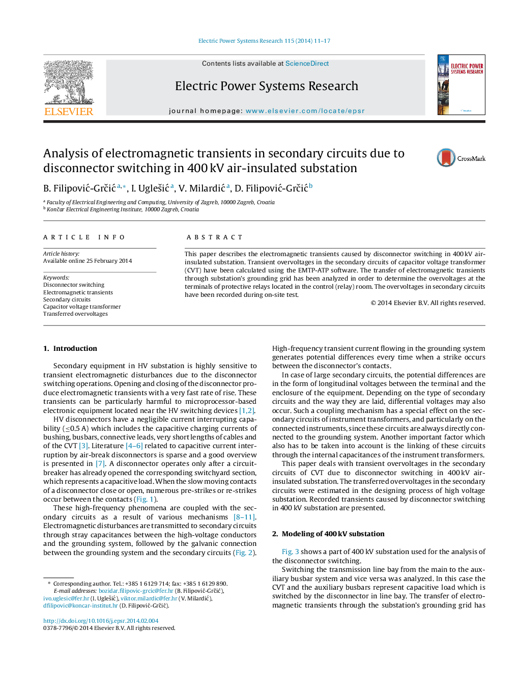 Analysis of electromagnetic transients in secondary circuits due to disconnector switching in 400 kV air-insulated substation