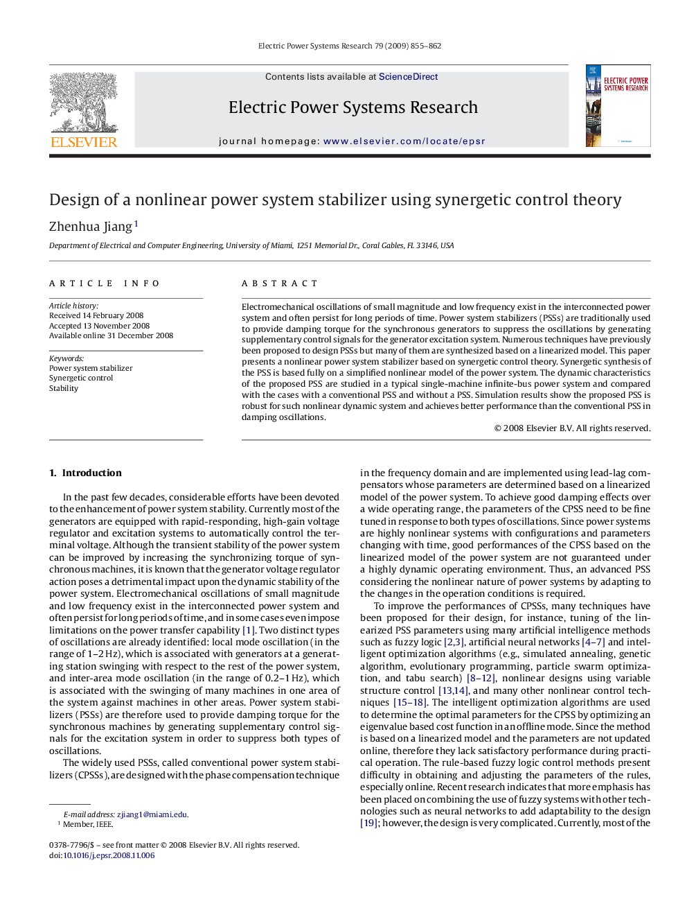 Design of a nonlinear power system stabilizer using synergetic control theory