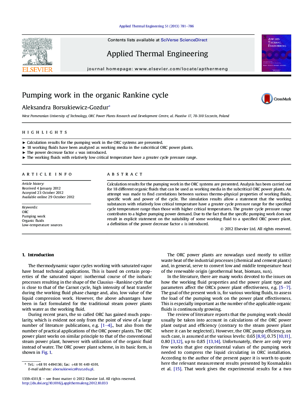 Pumping work in the organic Rankine cycle