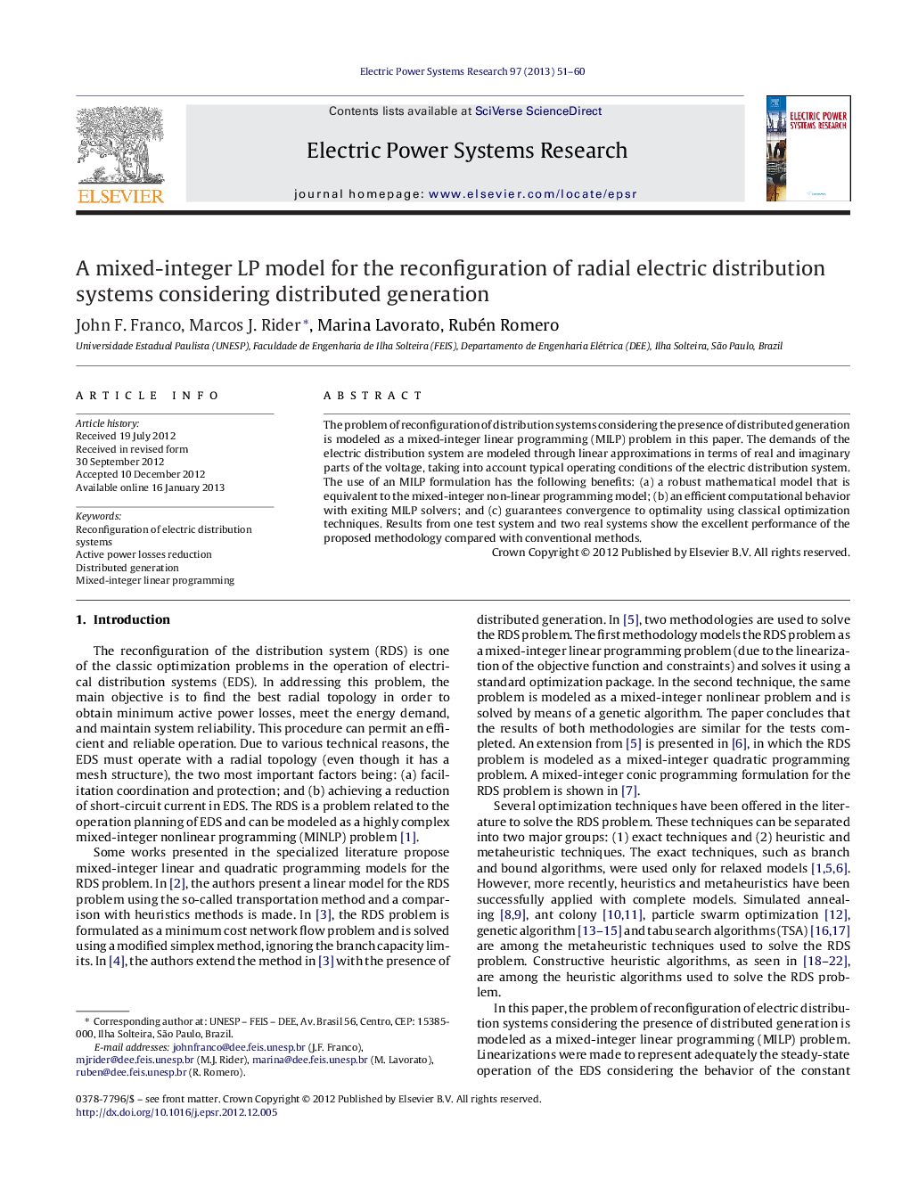 A mixed-integer LP model for the reconfiguration of radial electric distribution systems considering distributed generation