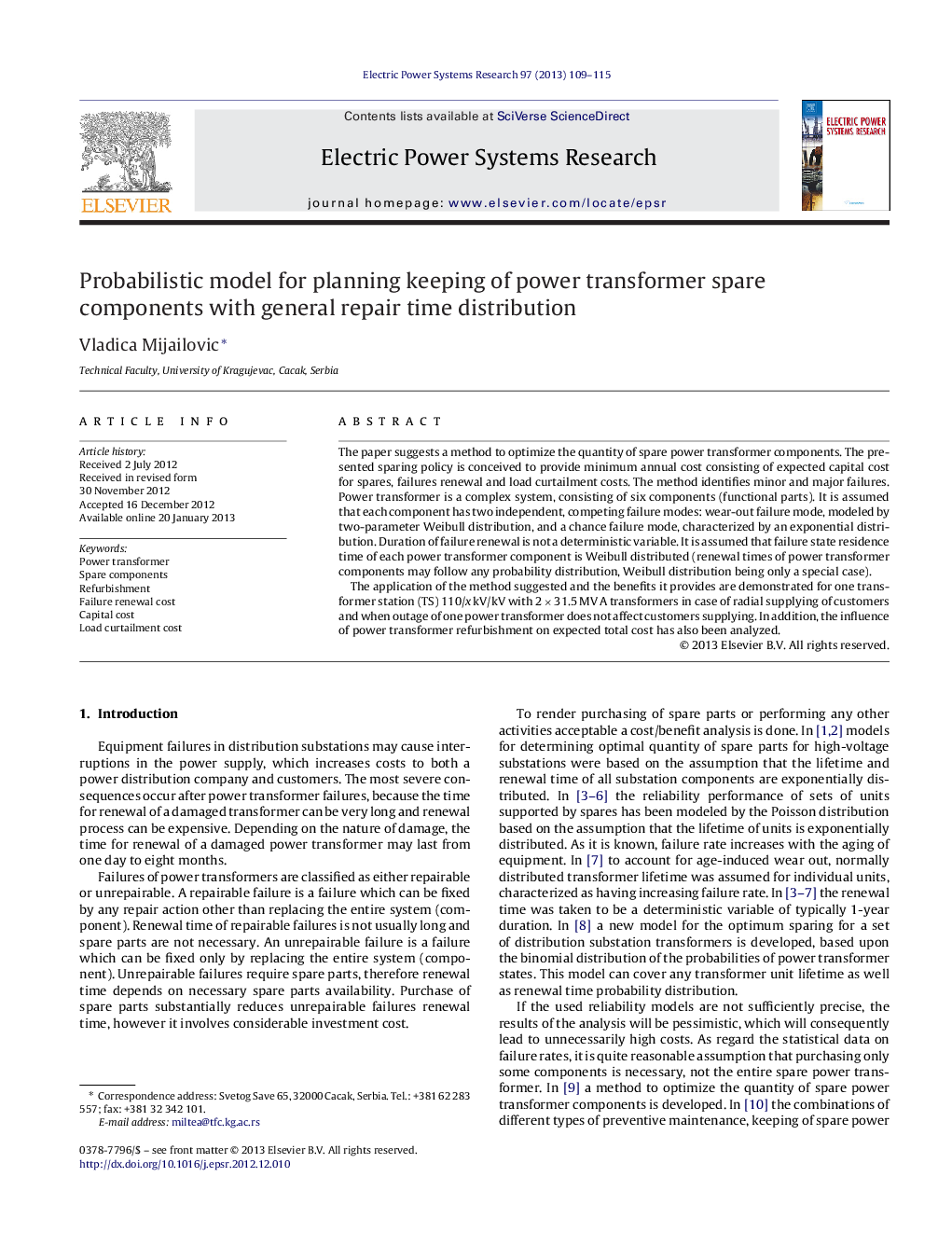 Probabilistic model for planning keeping of power transformer spare components with general repair time distribution