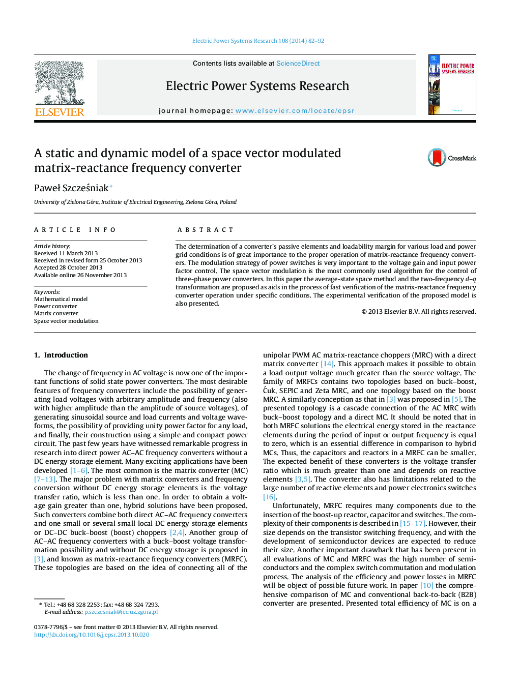 A static and dynamic model of a space vector modulated matrix-reactance frequency converter