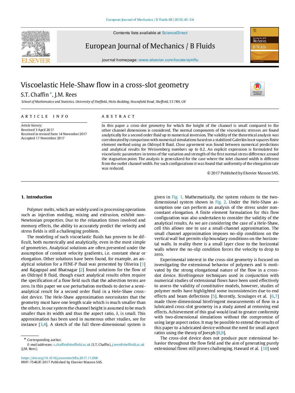 عکس صفحه اول مقاله: Viscoelastic Hele-Shaw flow in a cross-slot geometry Viscoelastic Hele-Shaw flow in a cross-slot geometry