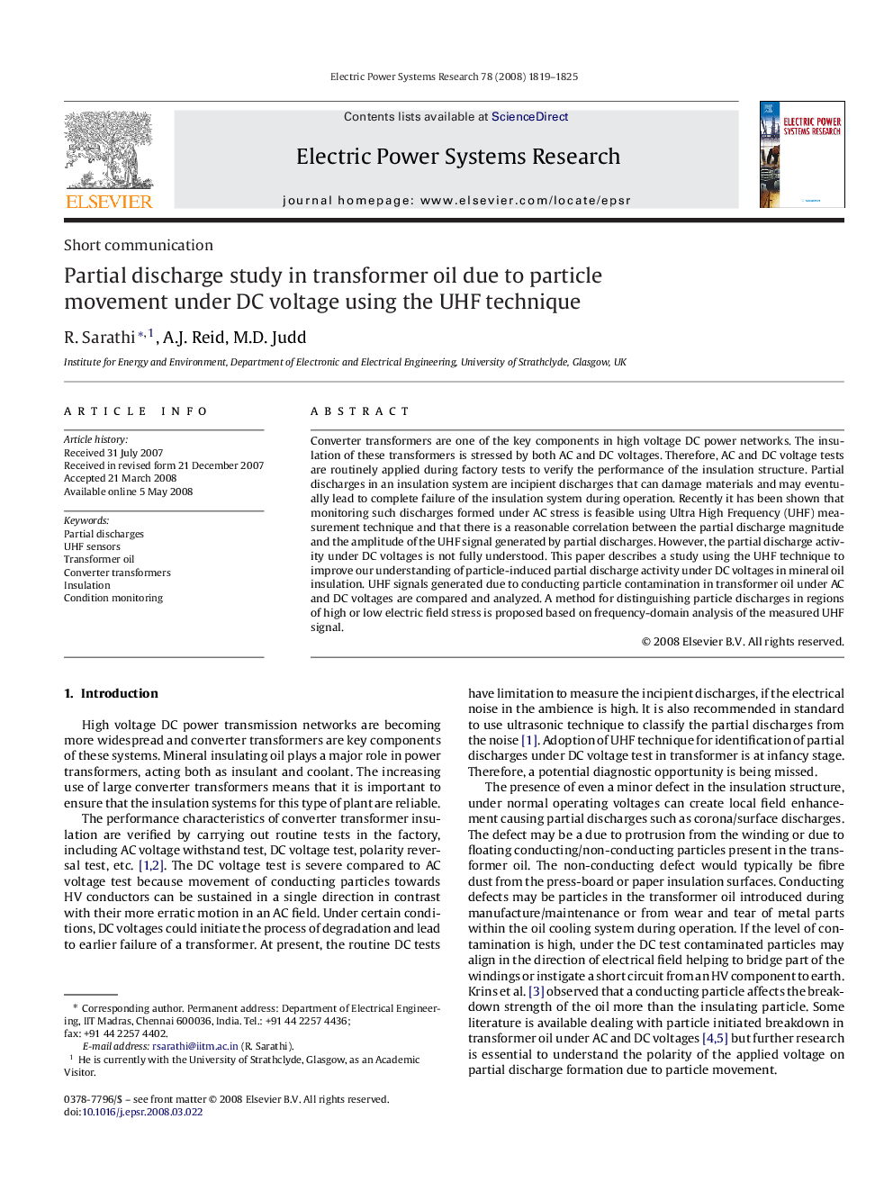 عکس صفحه اول مقاله: Partial discharge study in transformer oil due to particle movement under DC voltage using the UHF technique Partial discharge study in transformer oil due to particle movement under DC voltage using the UHF technique