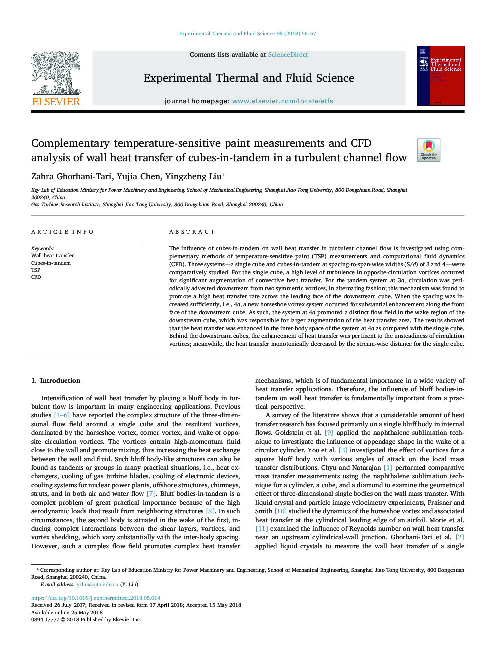 Complementary temperature-sensitive paint measurements and CFD analysis of wall heat transfer of cubes-in-tandem in a turbulent channel flow