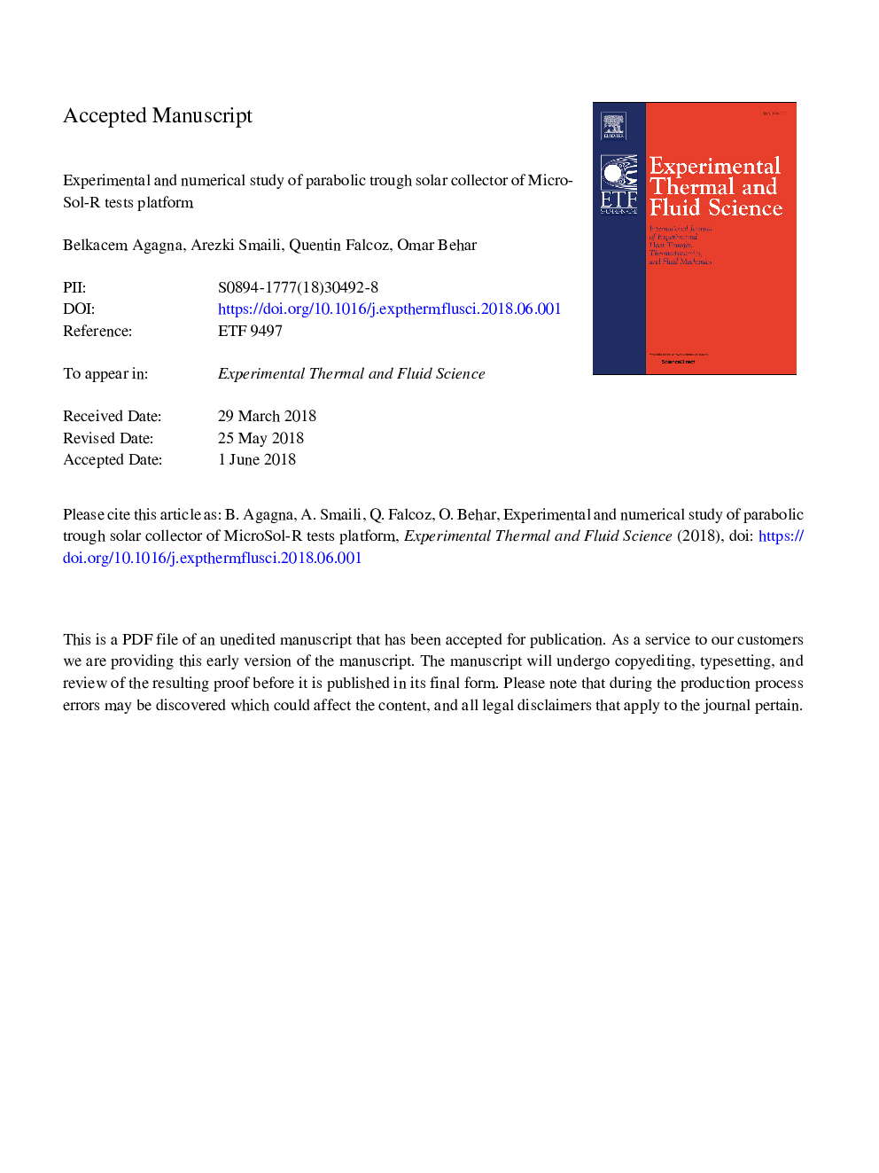 Experimental and numerical study of parabolic trough solar collector of MicroSol-R tests platform