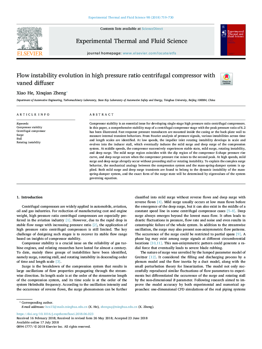 Flow instability evolution in high pressure ratio centrifugal compressor with vaned diffuser