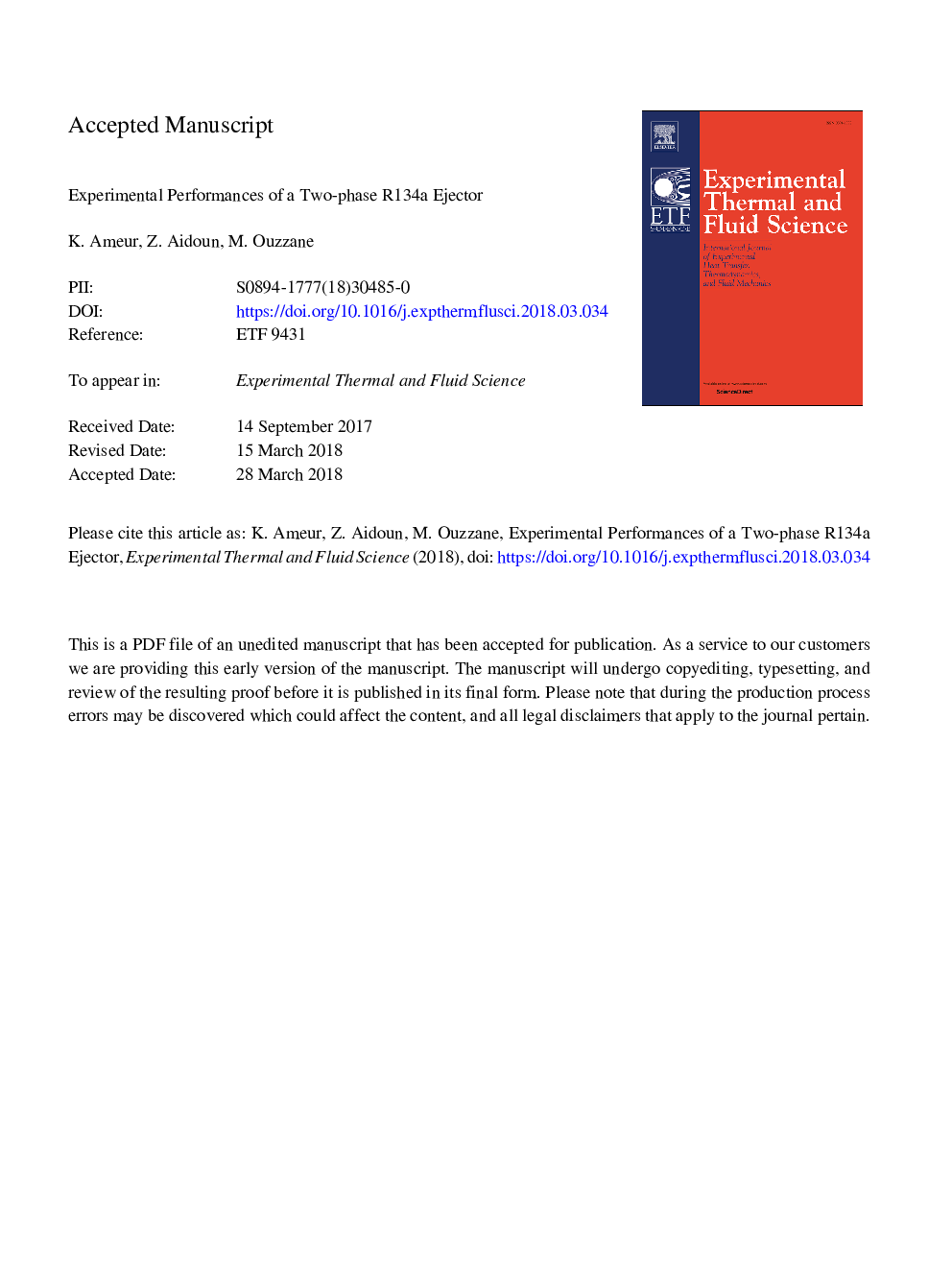 Experimental performances of a two-phase R134a ejector