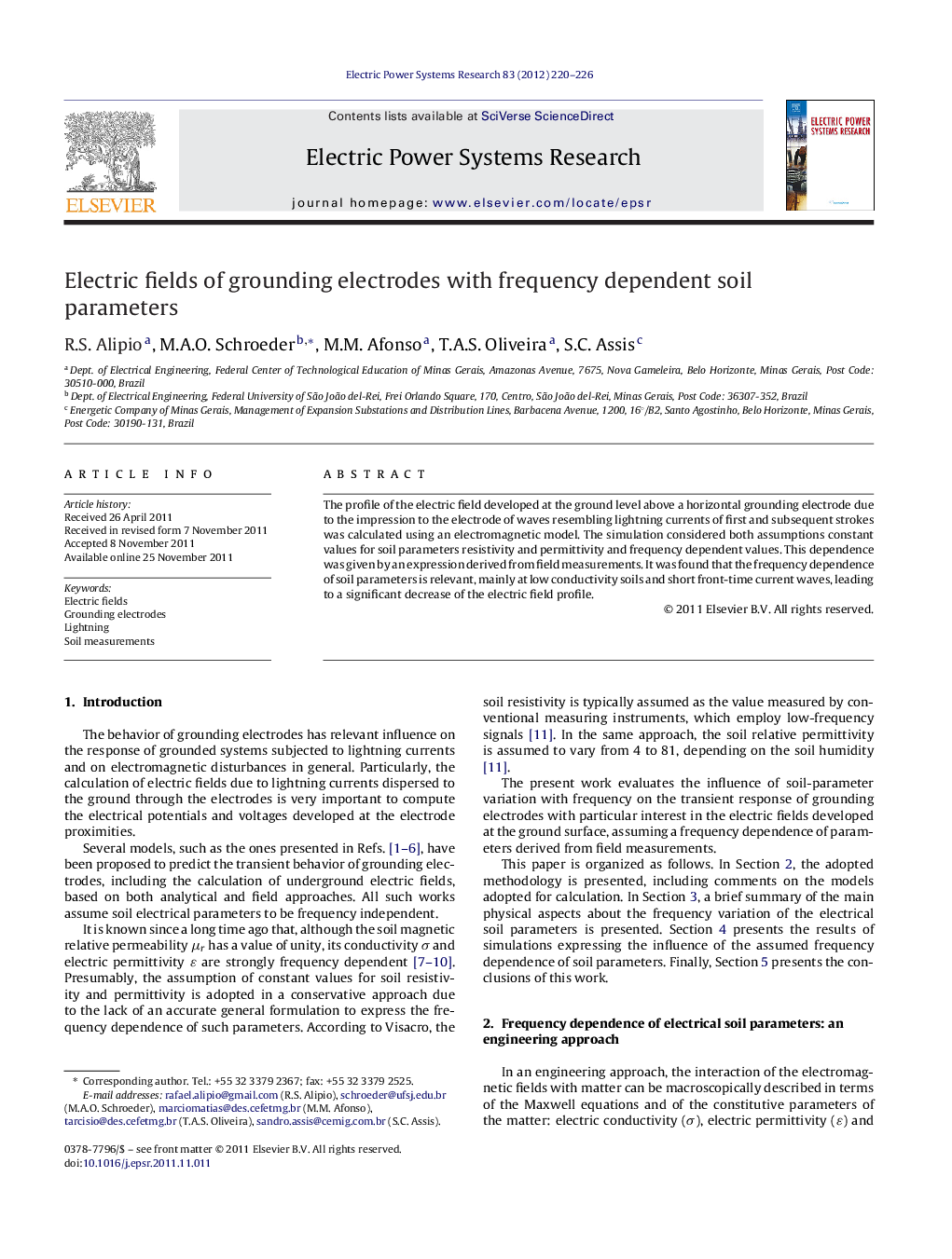 عکس صفحه اول مقاله: Electric fields of grounding electrodes with frequency dependent soil parameters Electric fields of grounding electrodes with frequency dependent soil parameters