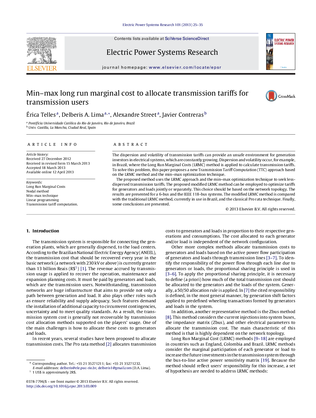 Min–max long run marginal cost to allocate transmission tariffs for transmission users