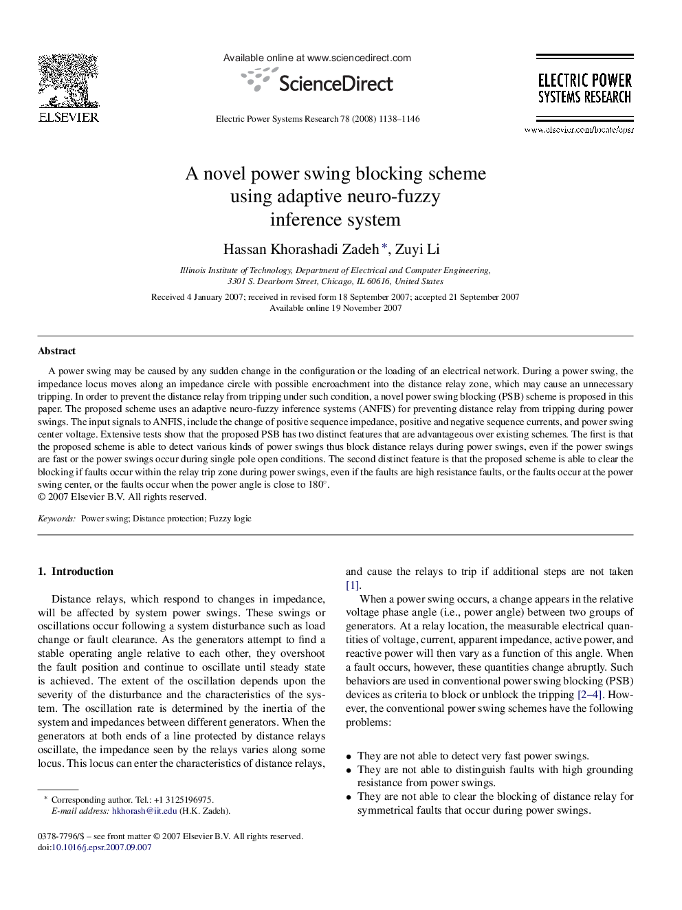 A novel power swing blocking scheme using adaptive neuro-fuzzy inference system