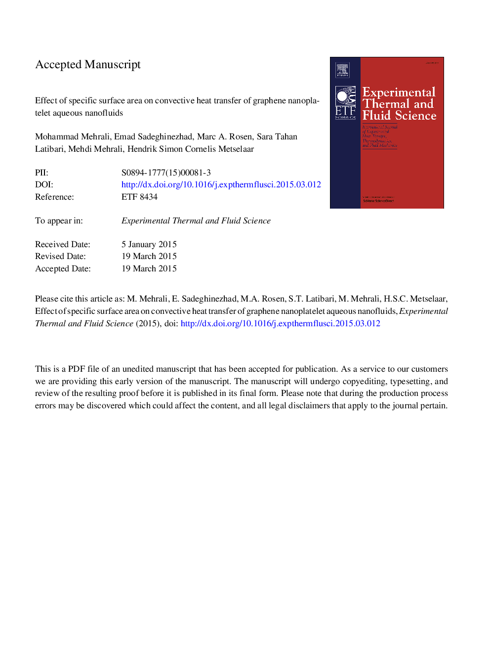 Effect of specific surface area on convective heat transfer of graphene nanoplatelet aqueous nanofluids