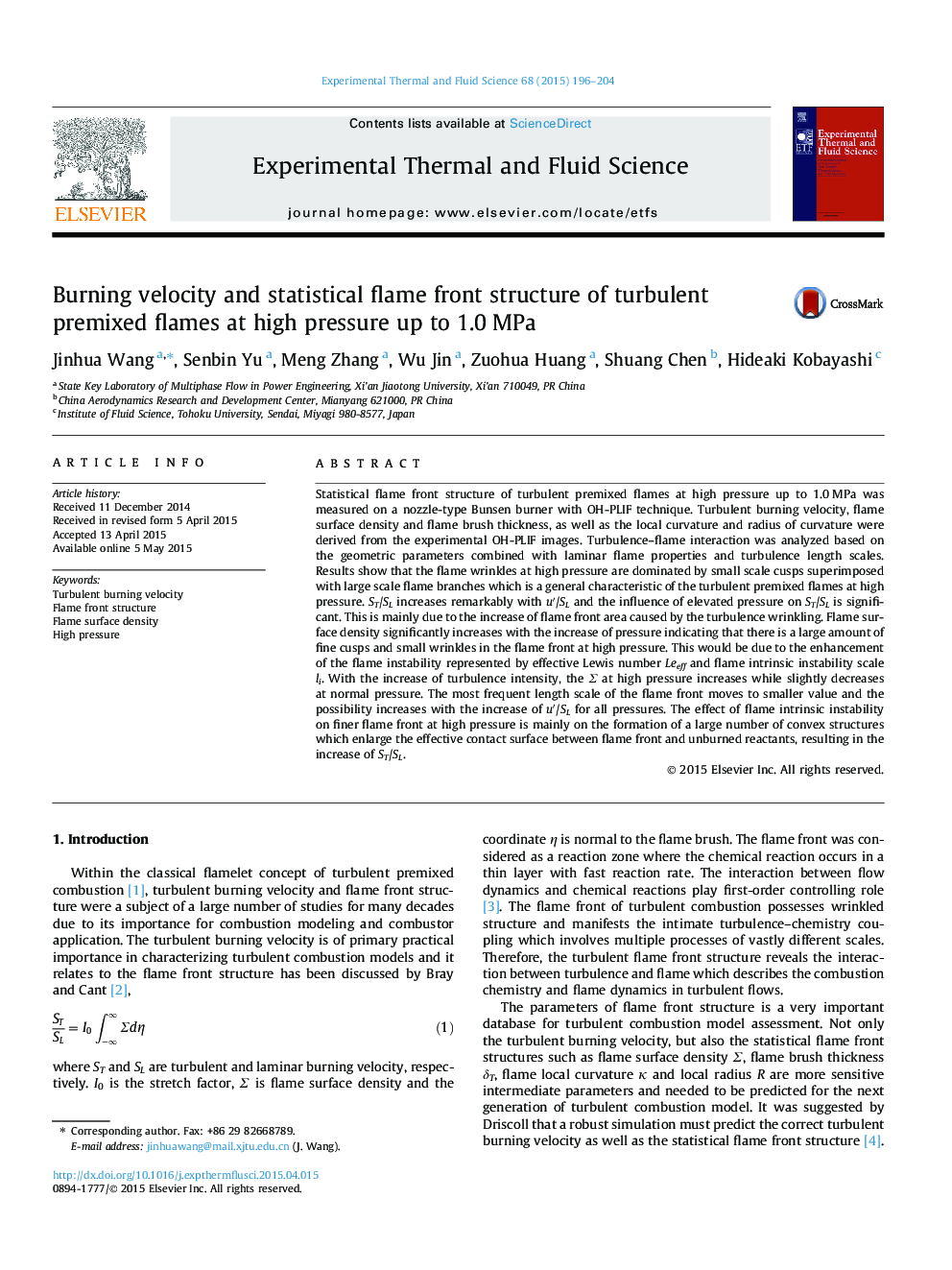 Burning velocity and statistical flame front structure of turbulent premixed flames at high pressure up to 1.0Â MPa