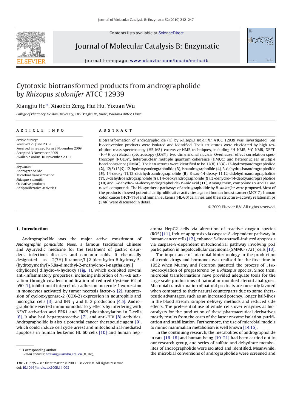 Cytotoxic biotransformed products from andrographolide by Rhizopus stolonifer ATCC 12939