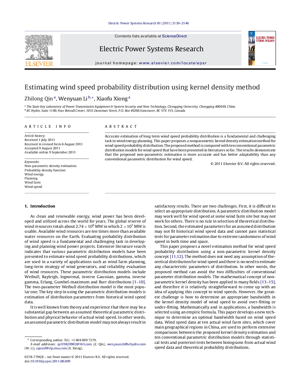 Estimating wind speed probability distribution using kernel density method