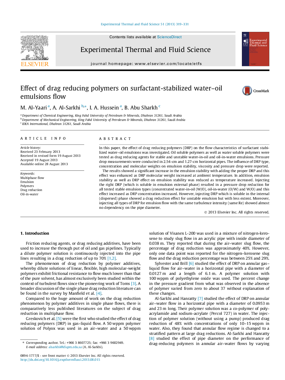 Effect of drag reducing polymers on surfactant-stabilized water-oil emulsions flow