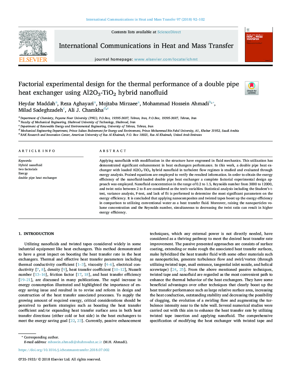 Factorial experimental design for the thermal performance of a double pipe heat exchanger using Al2O3-TiO2 hybrid nanofluid