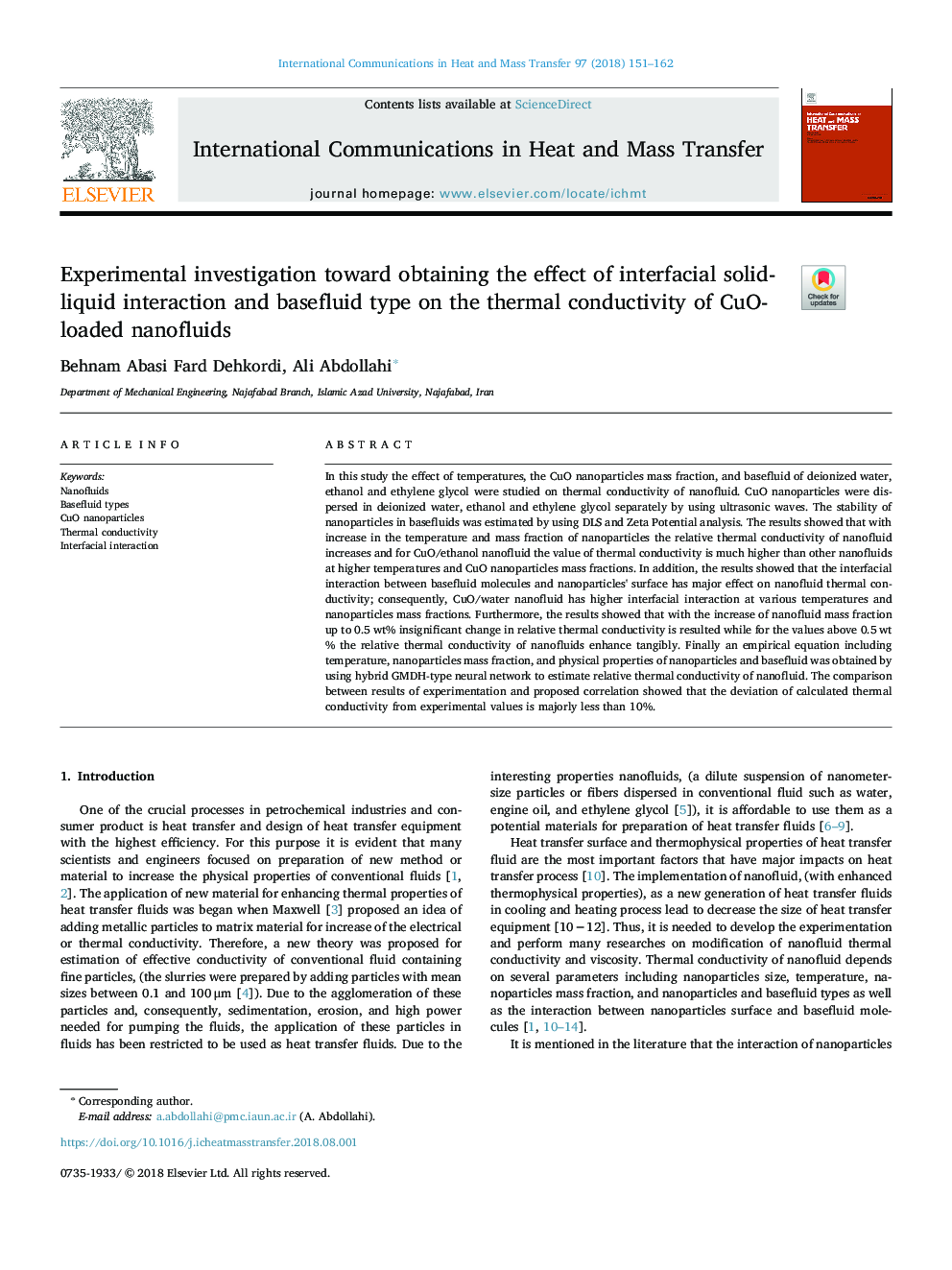 Experimental investigation toward obtaining the effect of interfacial solid-liquid interaction and basefluid type on the thermal conductivity of CuO-loaded nanofluids