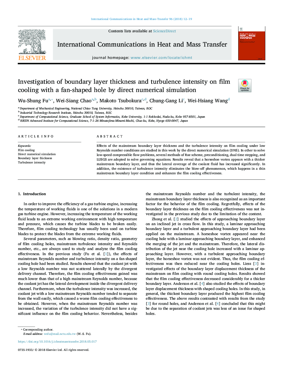 Investigation of boundary layer thickness and turbulence intensity on film cooling with a fan-shaped hole by direct numerical simulation