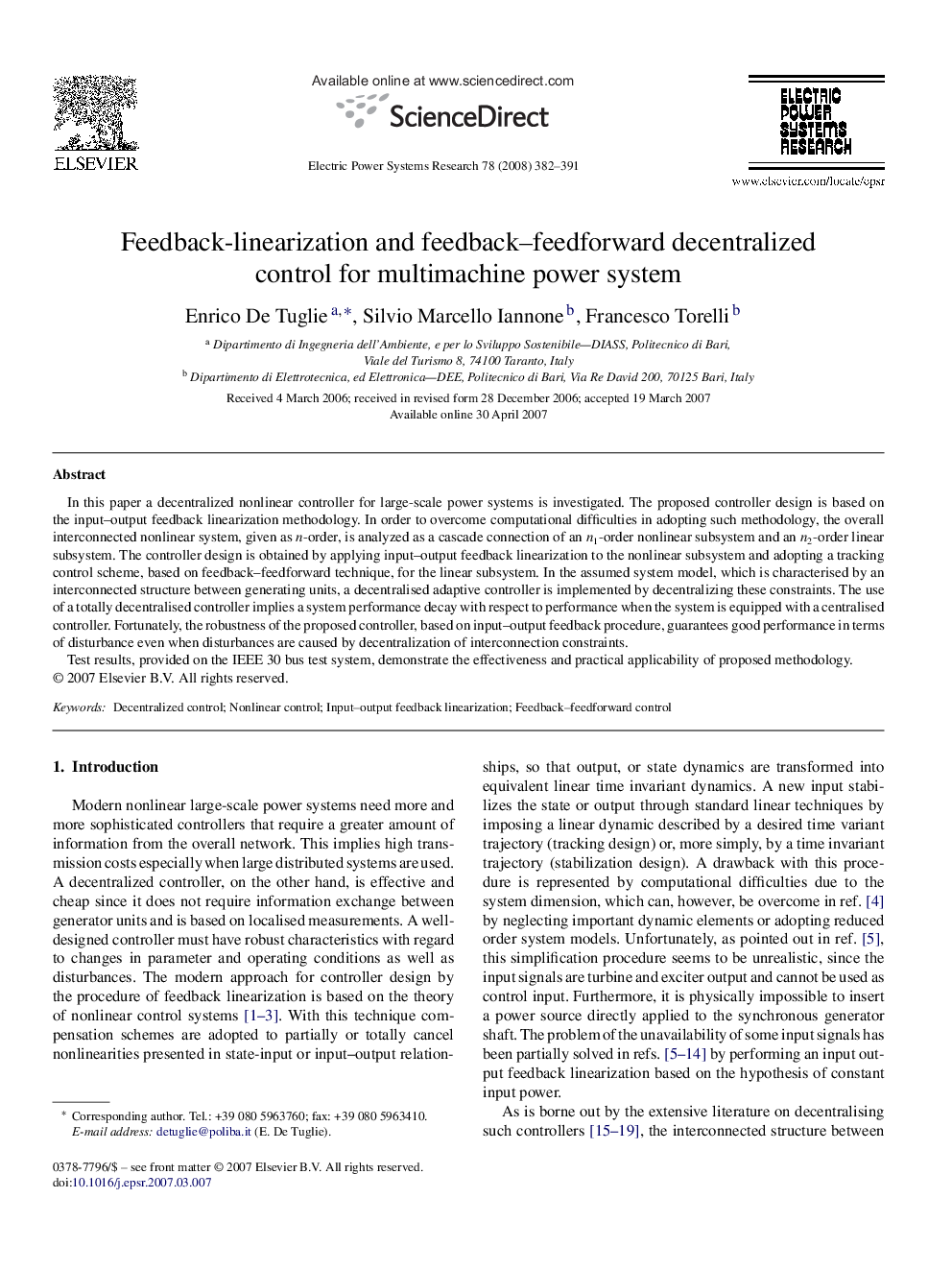 Feedback-linearization and feedback–feedforward decentralized control for multimachine power system