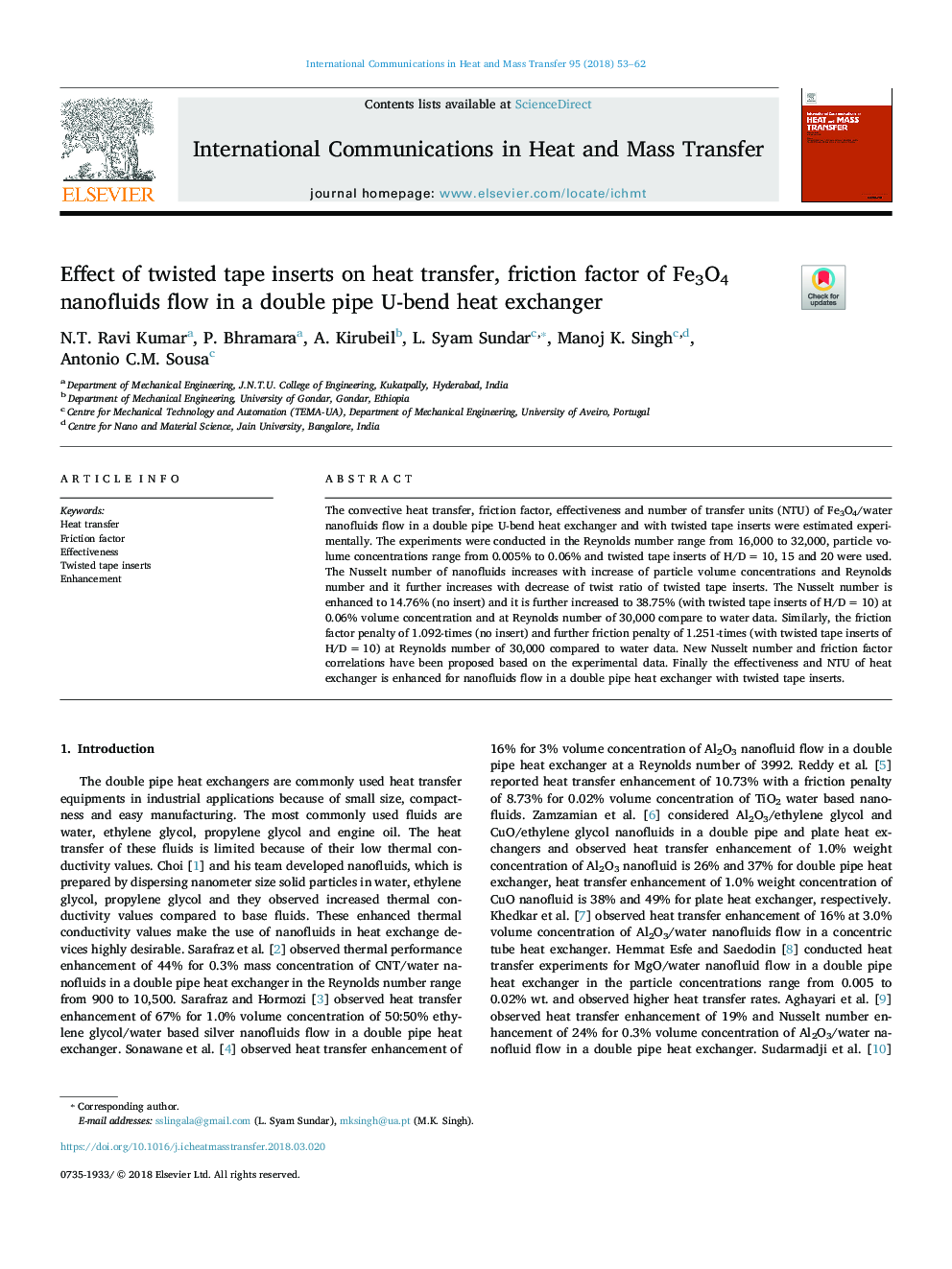 Effect of twisted tape inserts on heat transfer, friction factor of Fe3O4 nanofluids flow in a double pipe U-bend heat exchanger