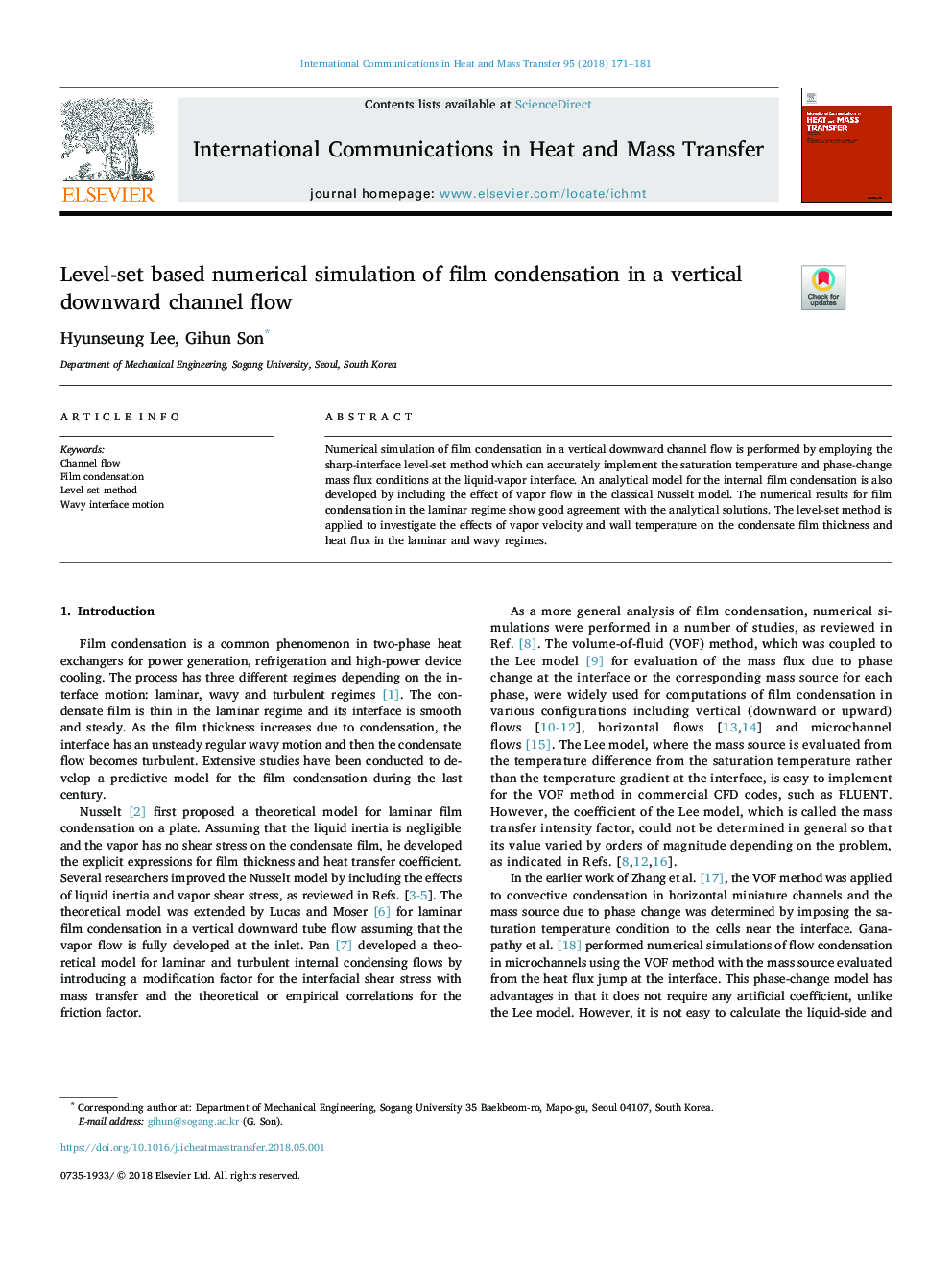 Level-set based numerical simulation of film condensation in a vertical downward channel flow