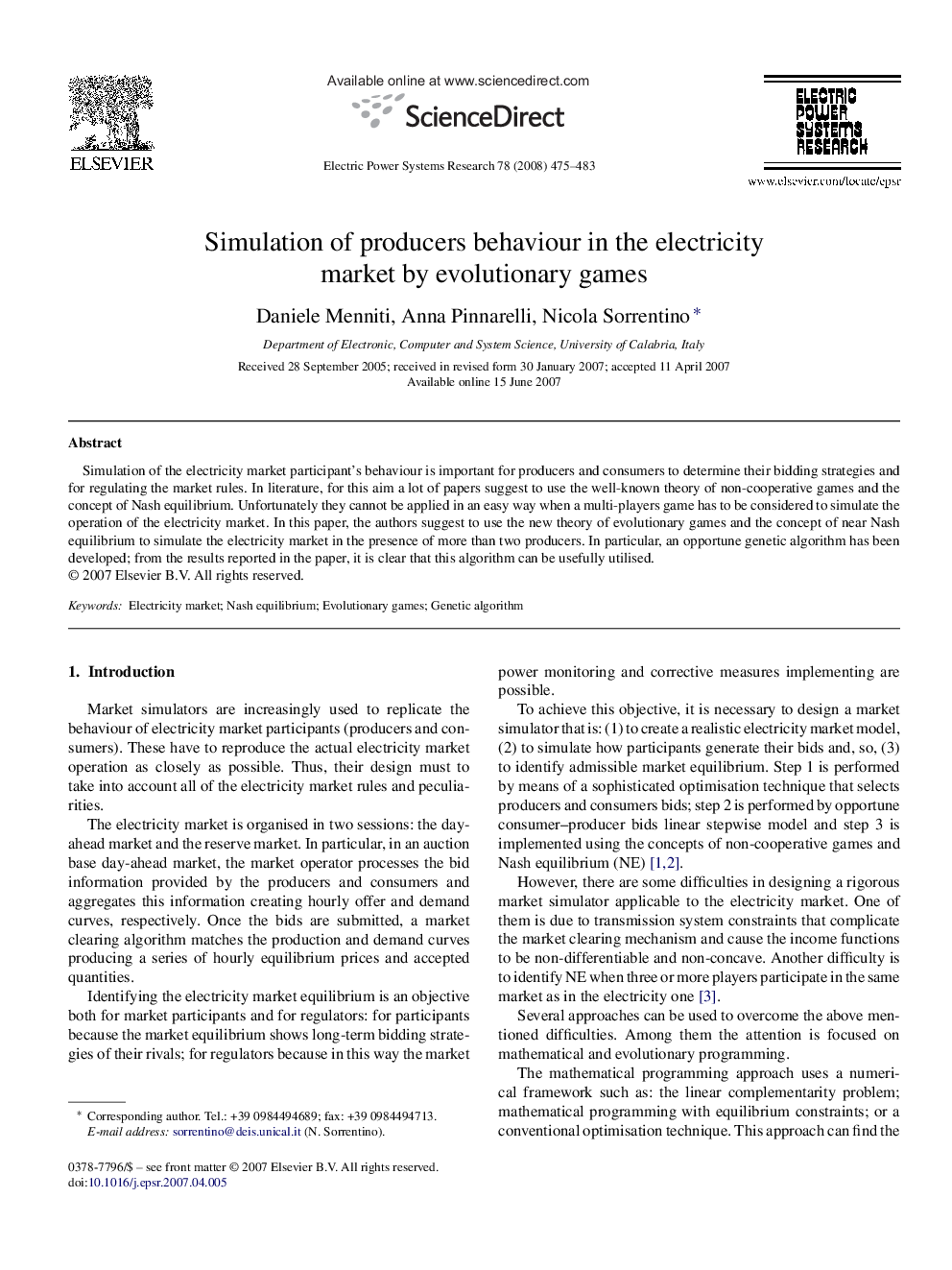 Simulation of producers behaviour in the electricity market by evolutionary games