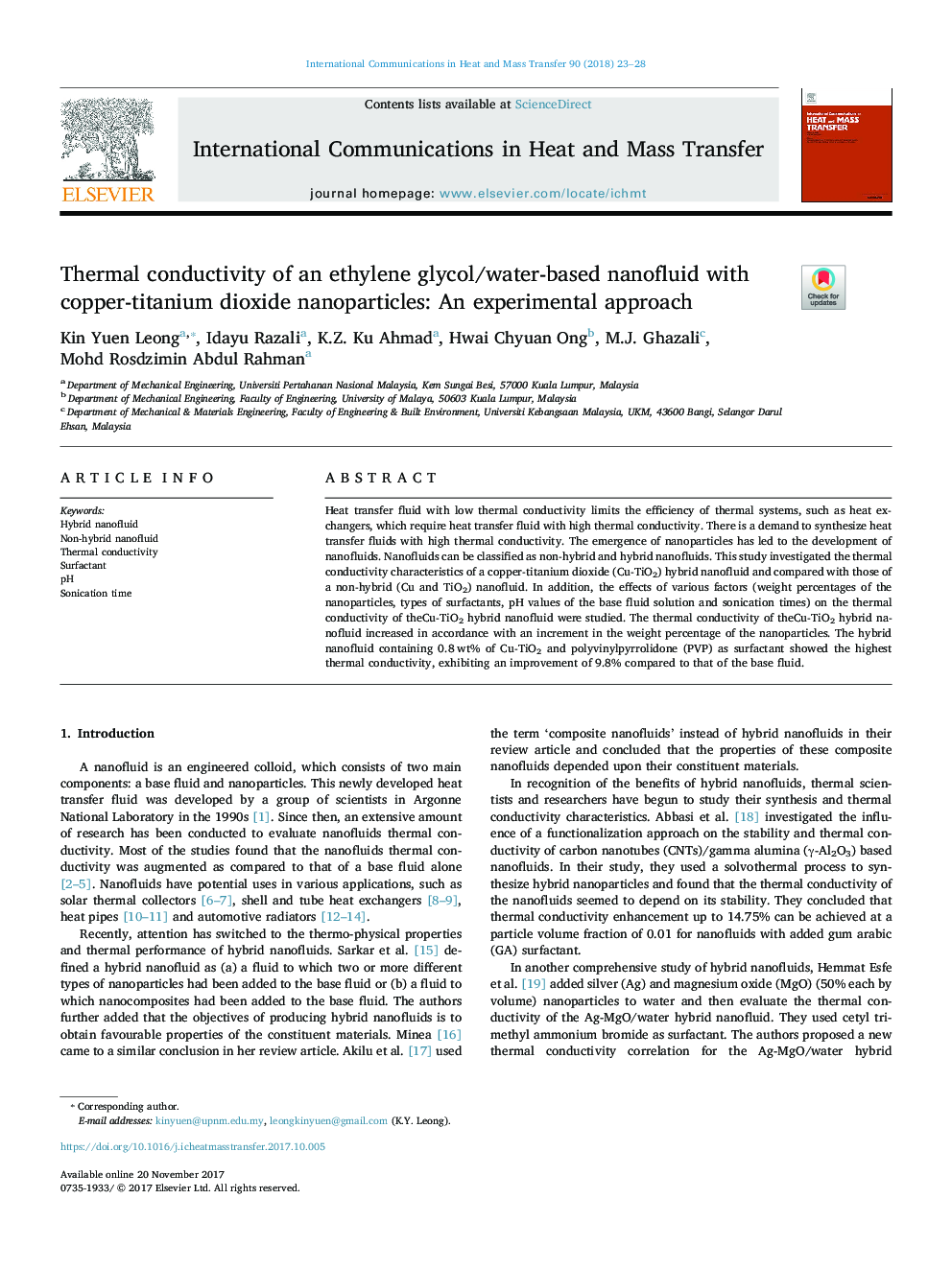 Thermal conductivity of an ethylene glycol/water-based nanofluid with copper-titanium dioxide nanoparticles: An experimental approach