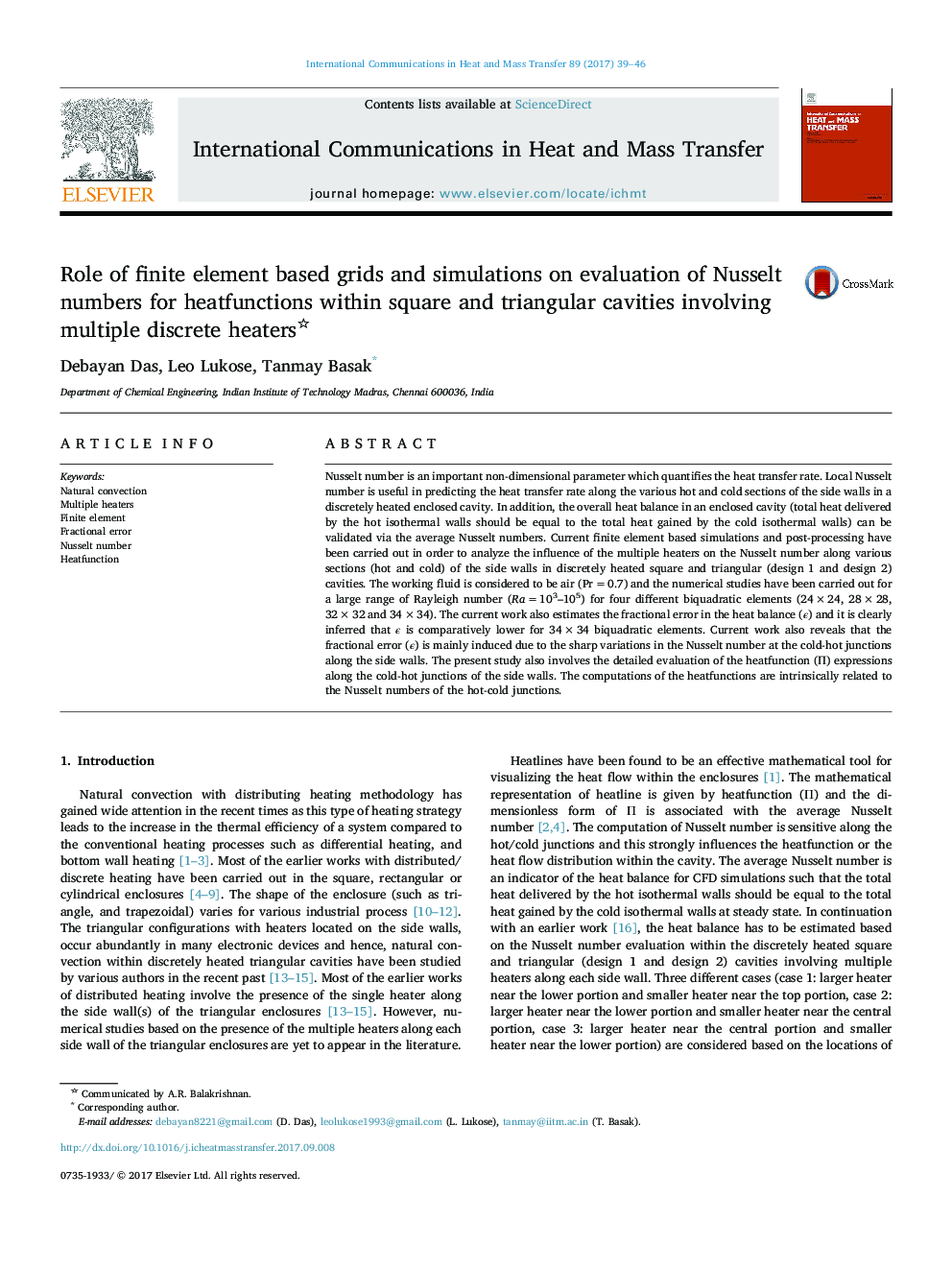 Role of finite element based grids and simulations on evaluation of Nusselt numbers for heatfunctions within square and triangular cavities involving multiple discrete heaters
