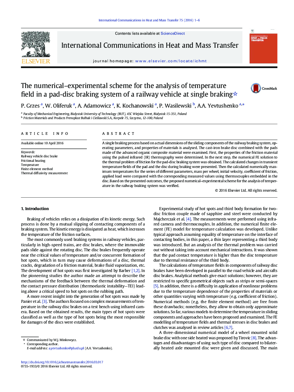 The numerical-experimental scheme for the analysis of temperature field in a pad-disc braking system of a railway vehicle at single braking