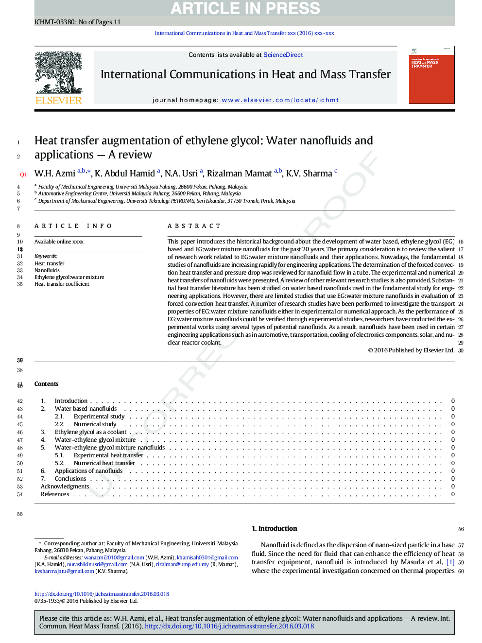 Heat transfer augmentation of ethylene glycol: water nanofluids and applications - A review