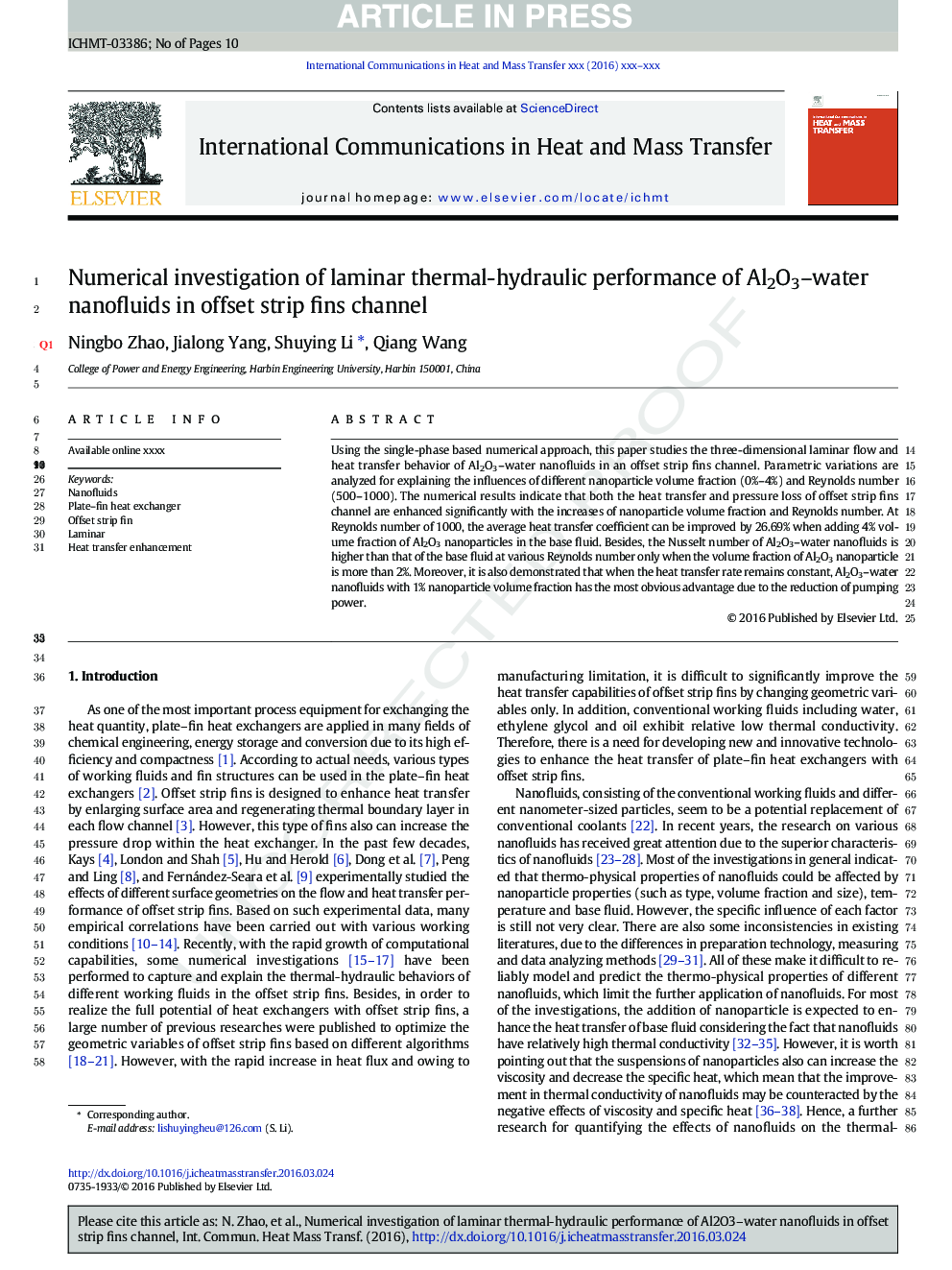 Numerical investigation of laminar thermal-hydraulic performance of Al2O3-water nanofluids in offset strip fins channel