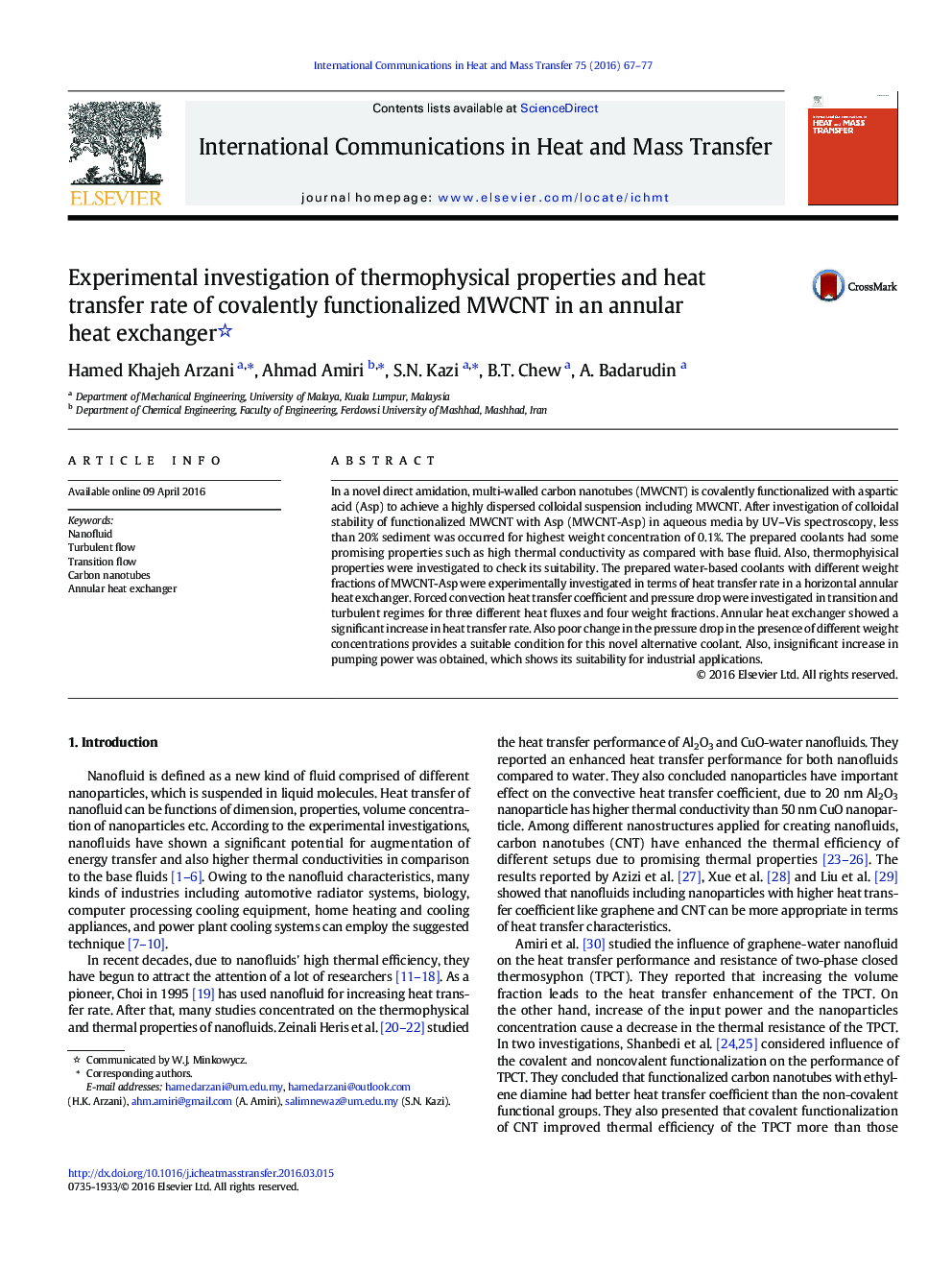 Experimental investigation of thermophysical properties and heat transfer rate of covalently functionalized MWCNT in an annular heat exchanger