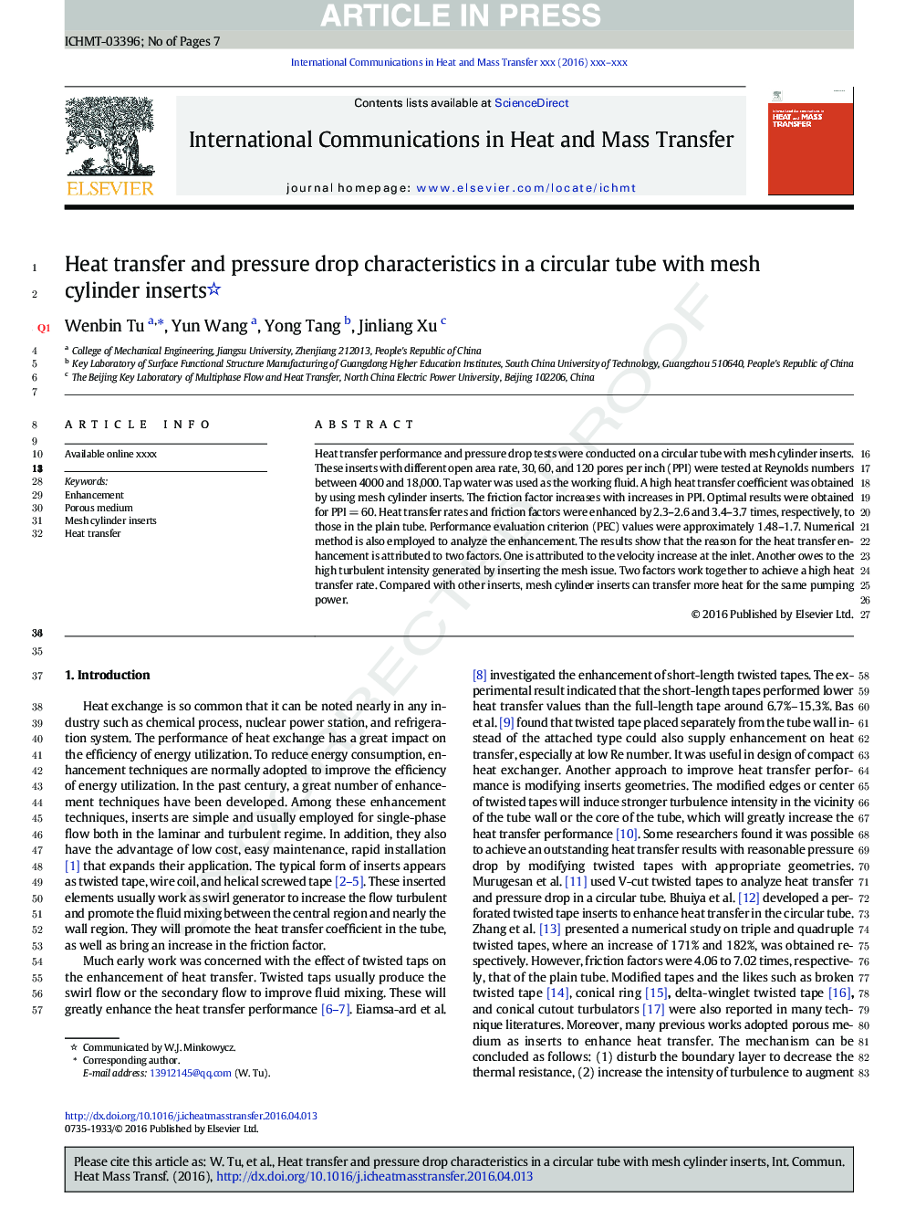 Heat transfer and pressure drop characteristics in a circular tube with mesh cylinder inserts