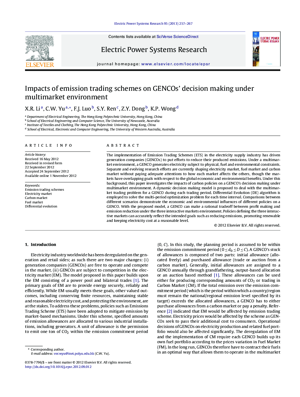 Impacts of emission trading schemes on GENCOs’ decision making under multimarket environment