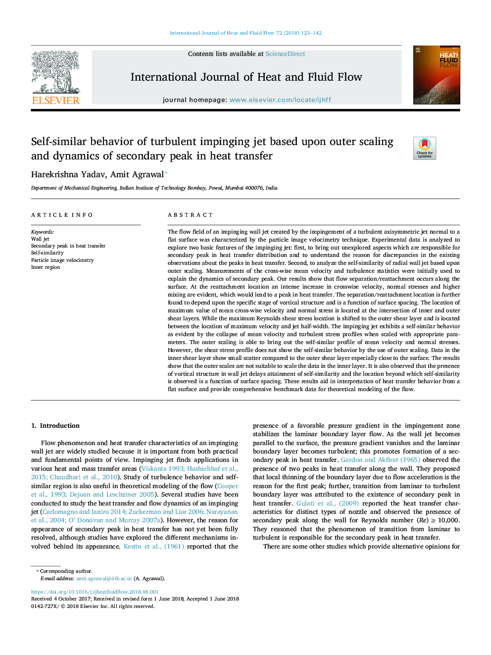 Self-similar behavior of turbulent impinging jet based upon outer scaling and dynamics of secondary peak in heat transfer