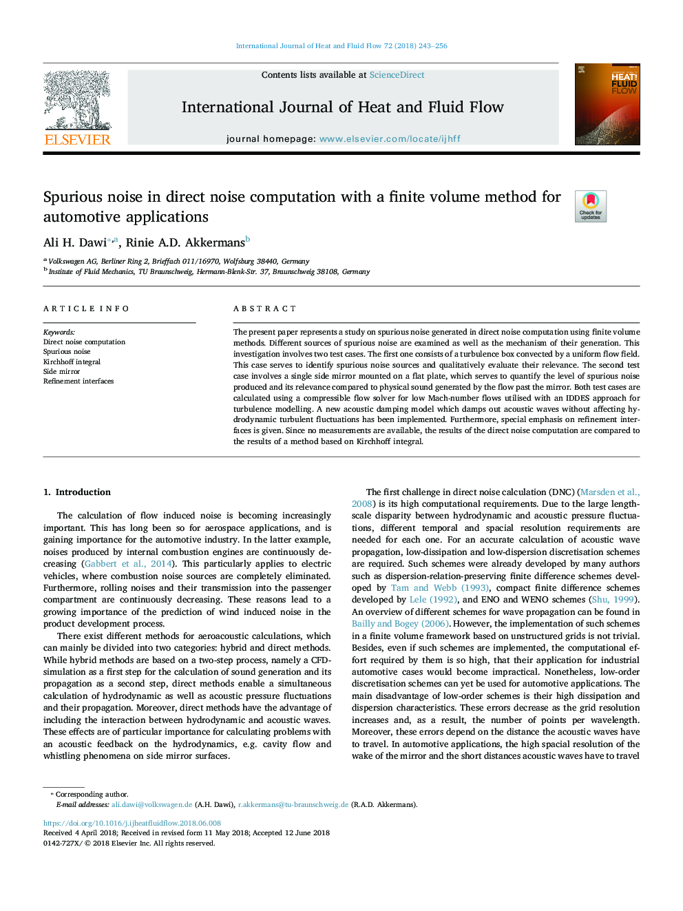 Spurious noise in direct noise computation with a finite volume method for automotive applications