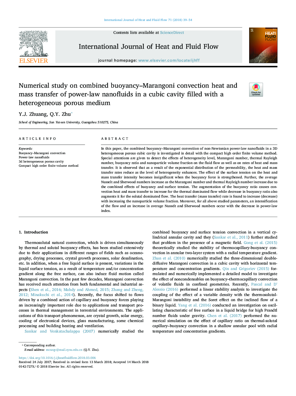 Numerical study on combined buoyancy-Marangoni convection heat and mass transfer of power-law nanofluids in a cubic cavity filled with a heterogeneous porous medium