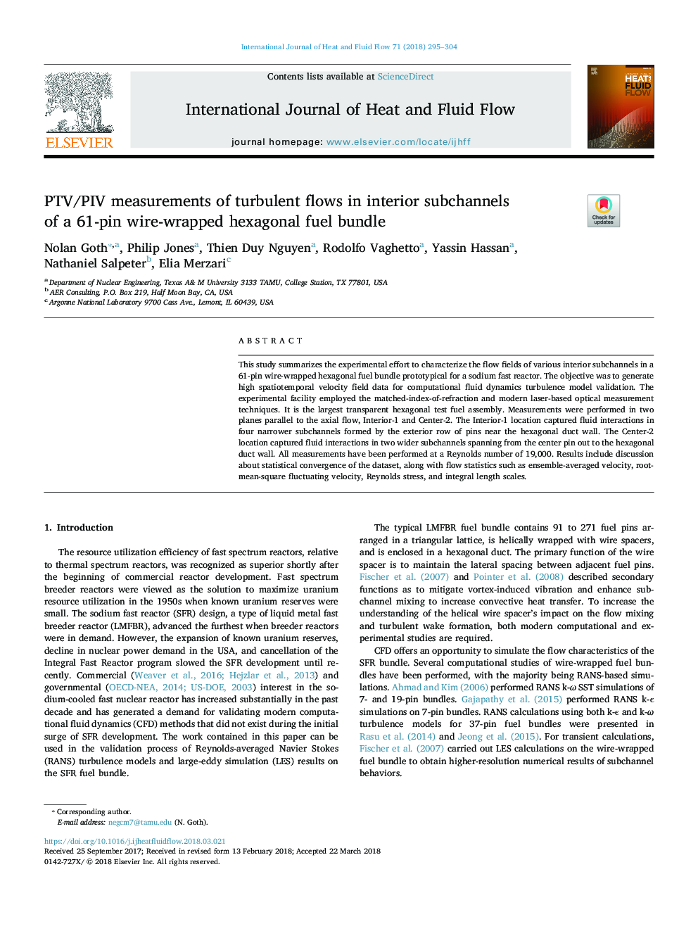 عکس صفحه اول مقاله: PTV/PIV measurements of turbulent flows in interior subchannels of a 61-pin wire-wrapped hexagonal fuel bundle PTV/PIV measurements of turbulent flows in interior subchannels of a 61-pin wire-wrapped hexagonal fuel bundle