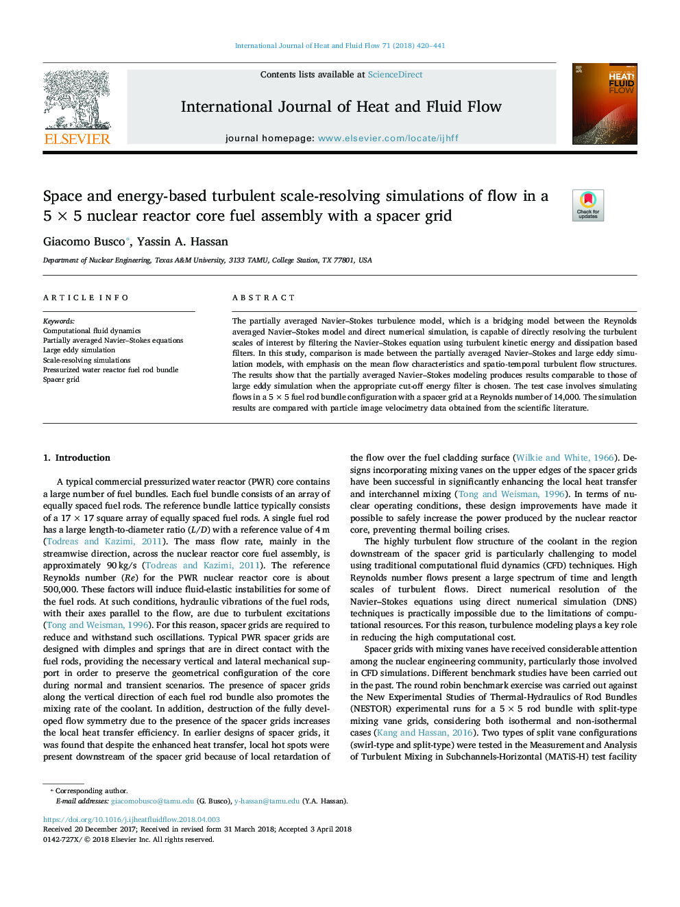 Space and energy-based turbulent scale-resolving simulations of flow in a 5â¯Ãâ¯5 nuclear reactor core fuel assembly with a spacer grid