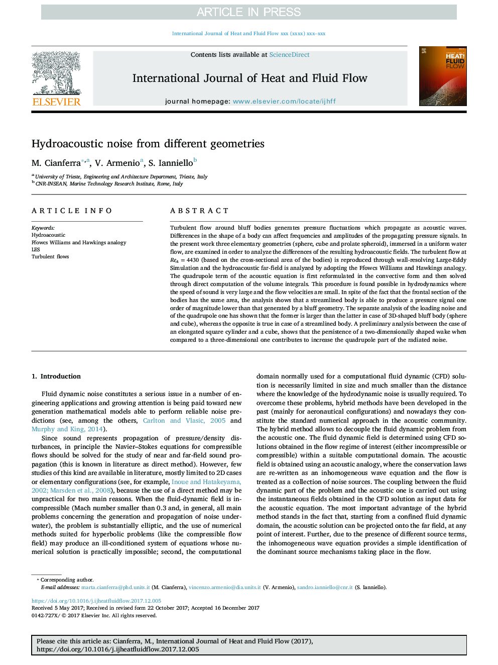 Hydroacoustic noise from different geometries