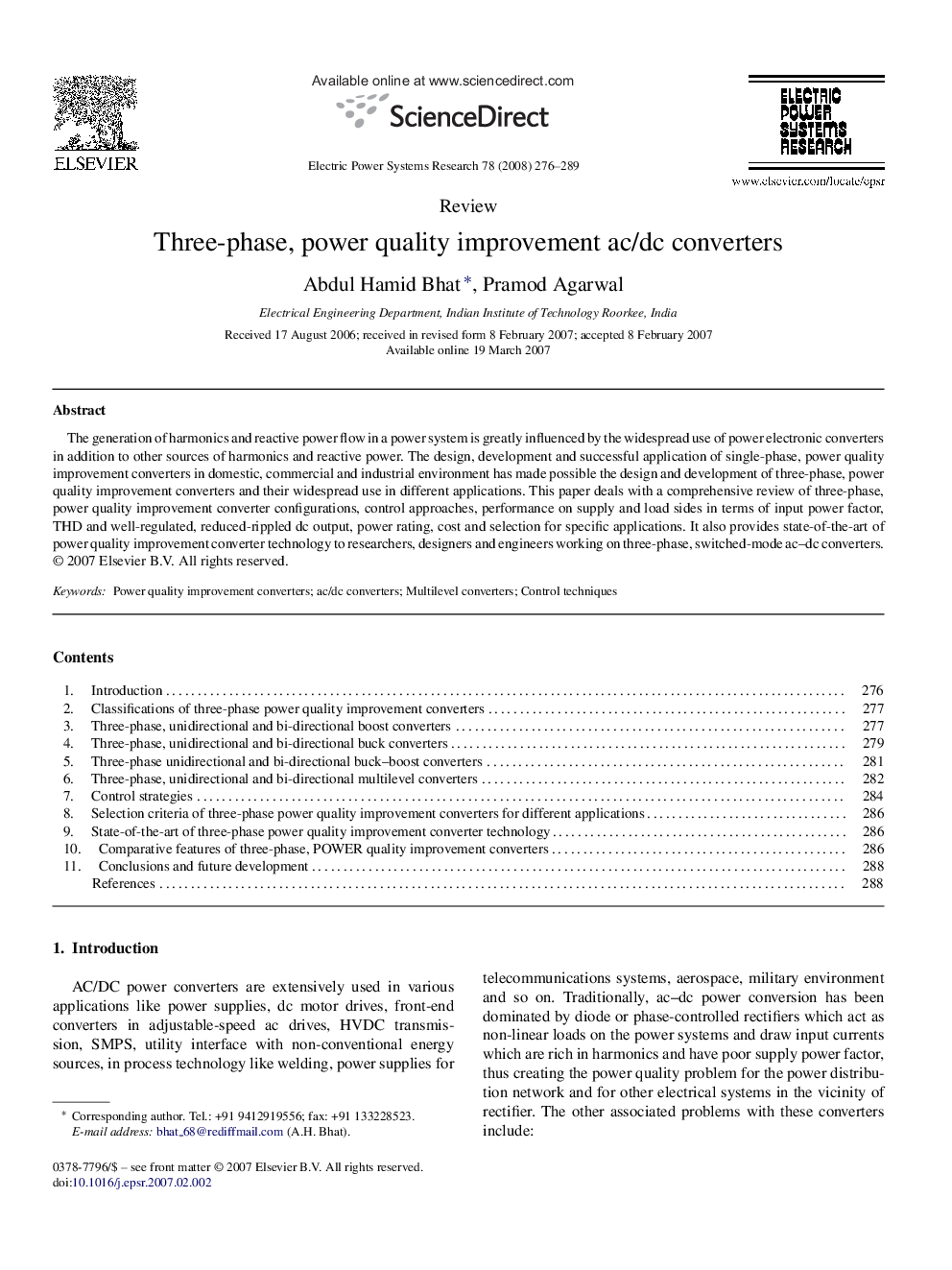 Three-phase, power quality improvement ac/dc converters